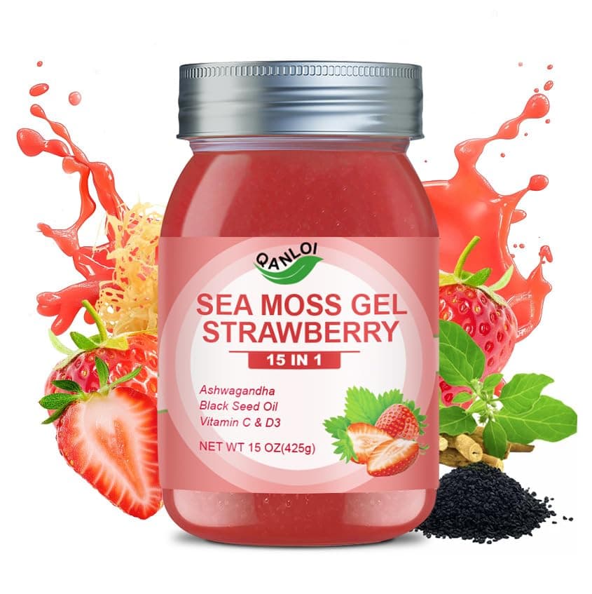 15OZ Strawberry Flavored Sea Moss Gel, 15-in-1 Ingredient, Rich in Ashwagandha, Vitamins and Minerals, Promotes Metabolism & Improves Digestion