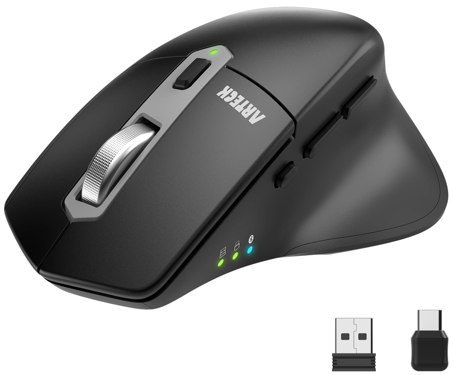Multi-Device Wireless Bluetooth Mouse with Nano USB-A, USB-C Receiver Ergonomic Right Hand Silent Clicking Rechargeable Mouse for Computer Desktop PC Laptop Mac iPad and Windows 11/10 iPad OS