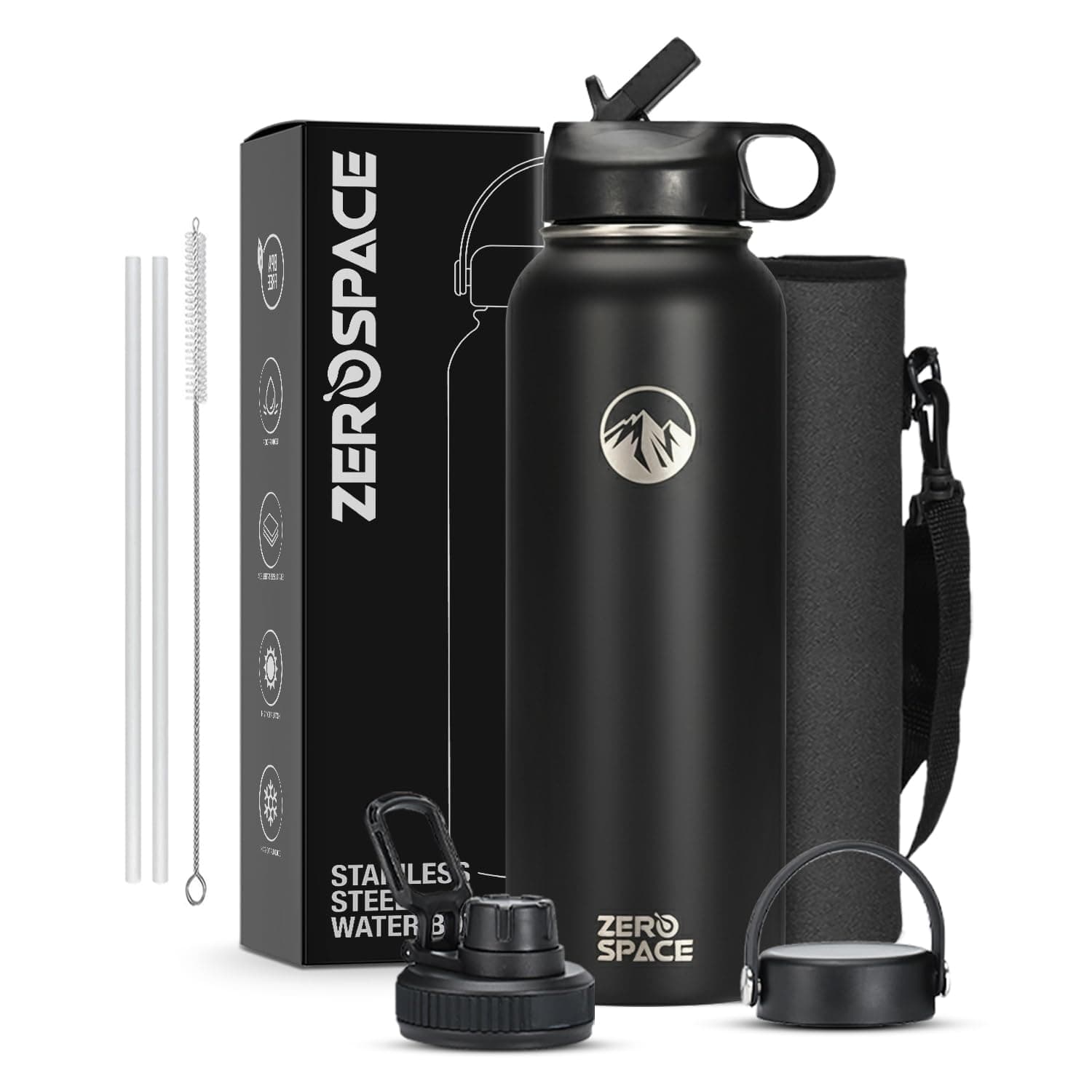 Stainless Steel Water Bottle, 1200ml Insulated Water Bottle with Straw & Brush, BPA-Free Double Wall Vacuum Thermos Flask for Hot & Cold Drinks, Gym, Travel, Office & Kids (Black)