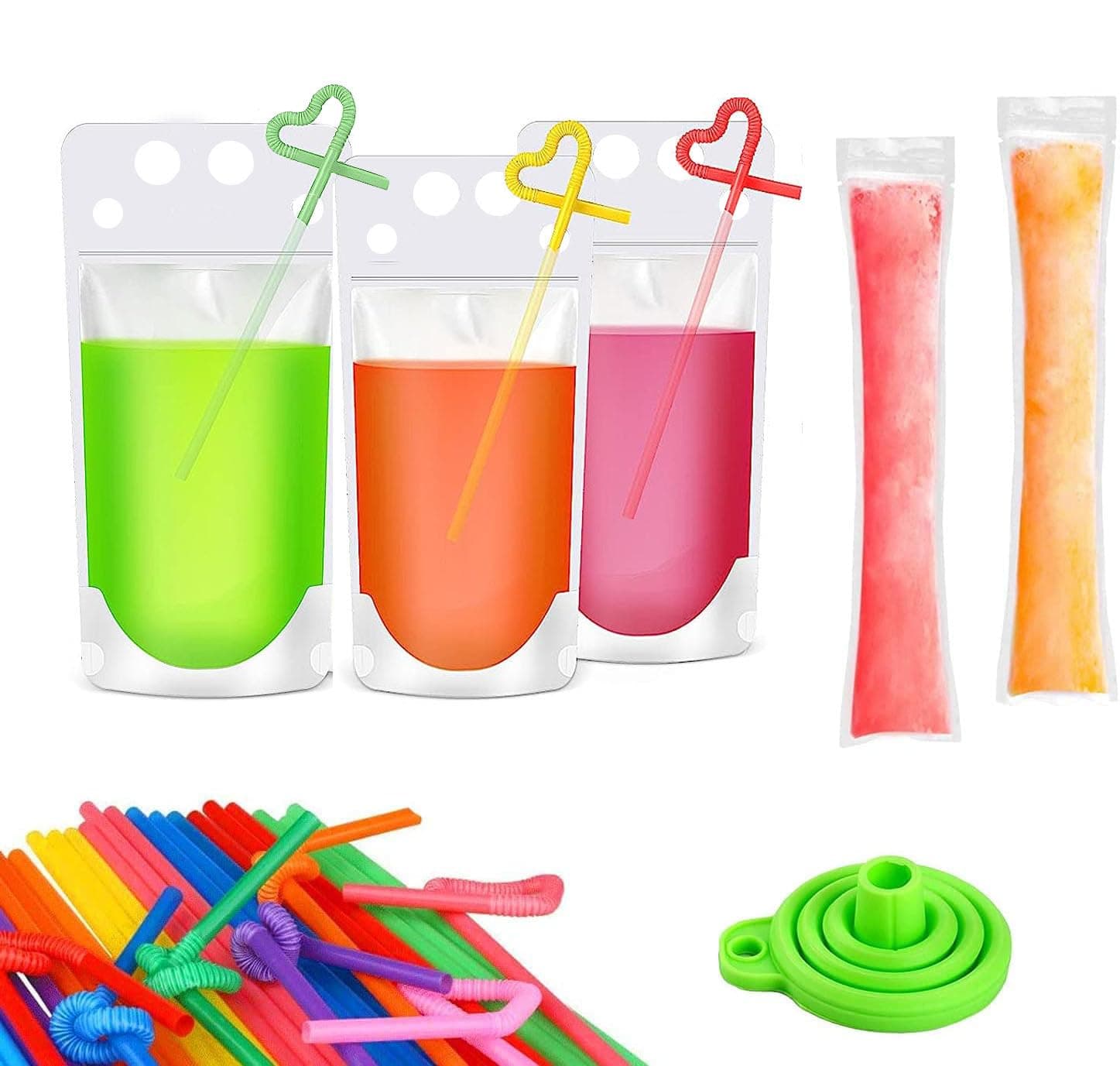 100pcs Plastic Drink Pouches Bags with 100 Straws, 30pcs Popsicle Mold Bags Juice Bags Disposable Freezeable Bags, Heavy-duty Handheld Foldable Ice Beverage Bags for Smoothies, Cold & Hot Drinks