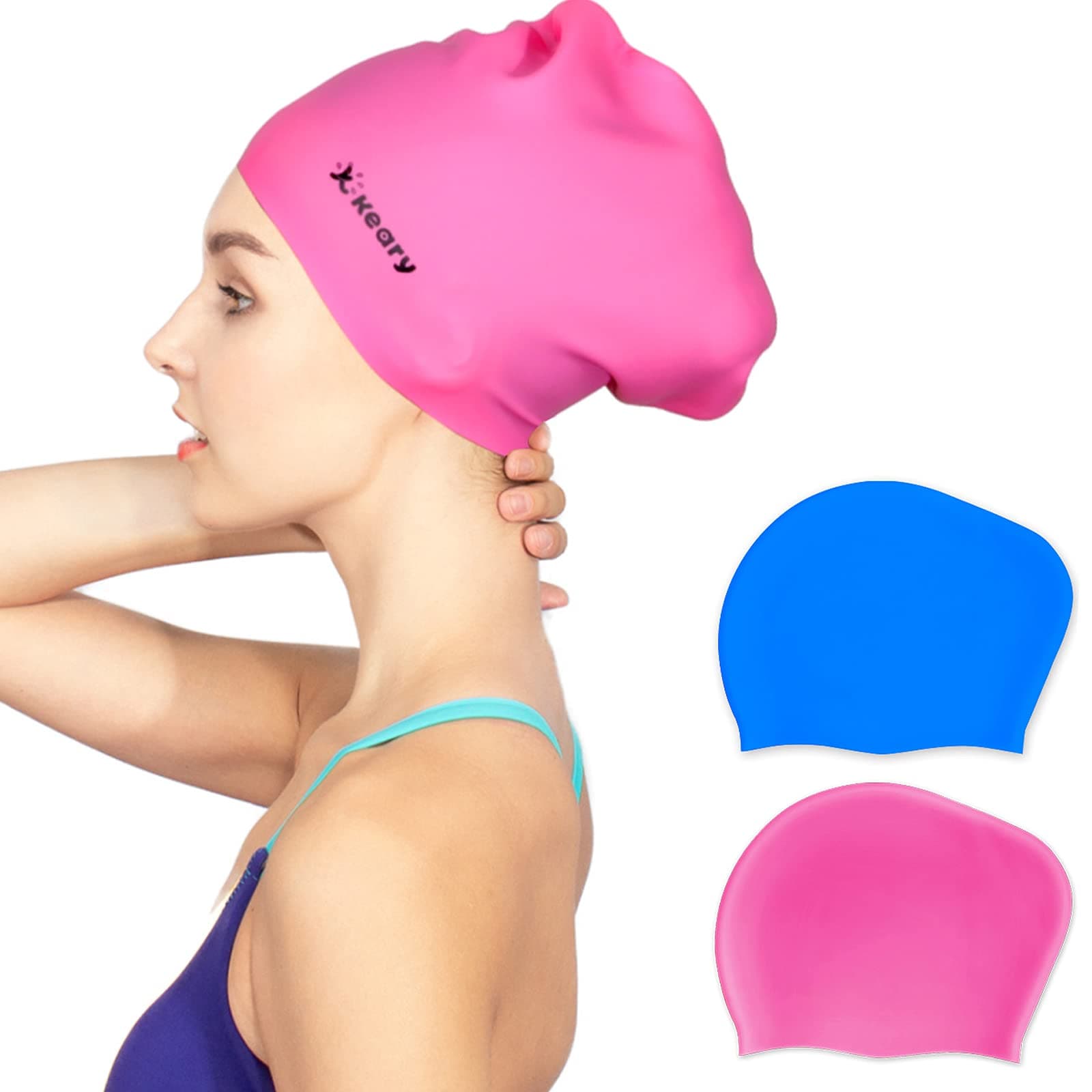 Keary 2 Pack Updated Silicone Swim Cap for Long Hair Women Girl Waterproof Bathing Pool Swimming Cap Cover Ears to Keep Your Hair Dry, 3D Soft Stretchable Durable and Anti-Slip, Easy to Put On and Off