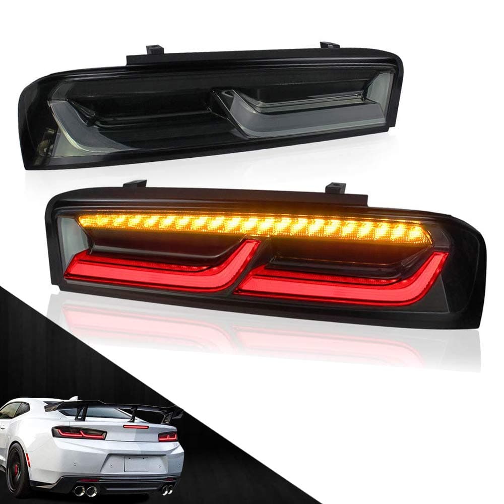 MICROPOWER LED Tail Lights for Chevy Camaro 2016 2017 2018 with Sequential Amber Turn Signals, Clear Lens DRLs Rear Lamp Assembly for Chevrolet (Smoke)