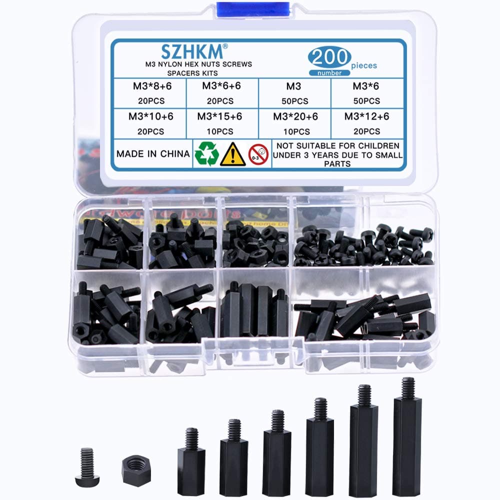 SZHKM M3 Nylon Screw Nut Assembly Different Length Nylon Six Angle Support Column, DIY Electrical Circuit Board and Machine Board Assortment Mounting Hardware Kit Box (NL3-02, Black) 200 Pcs