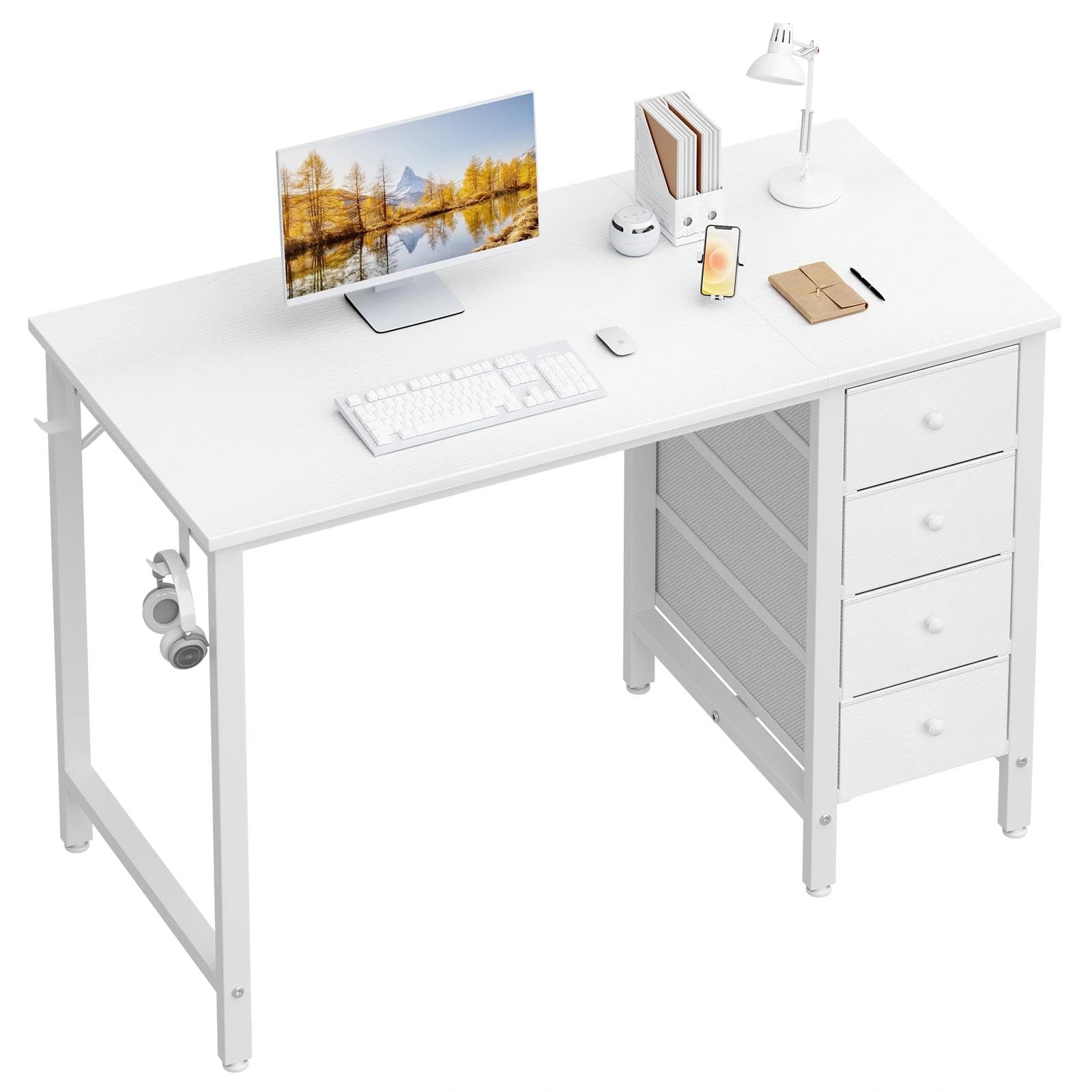 Lufeiya Small White Desk with Fabric Drawers, 40 Inch Kids Girls Teen Cute St...