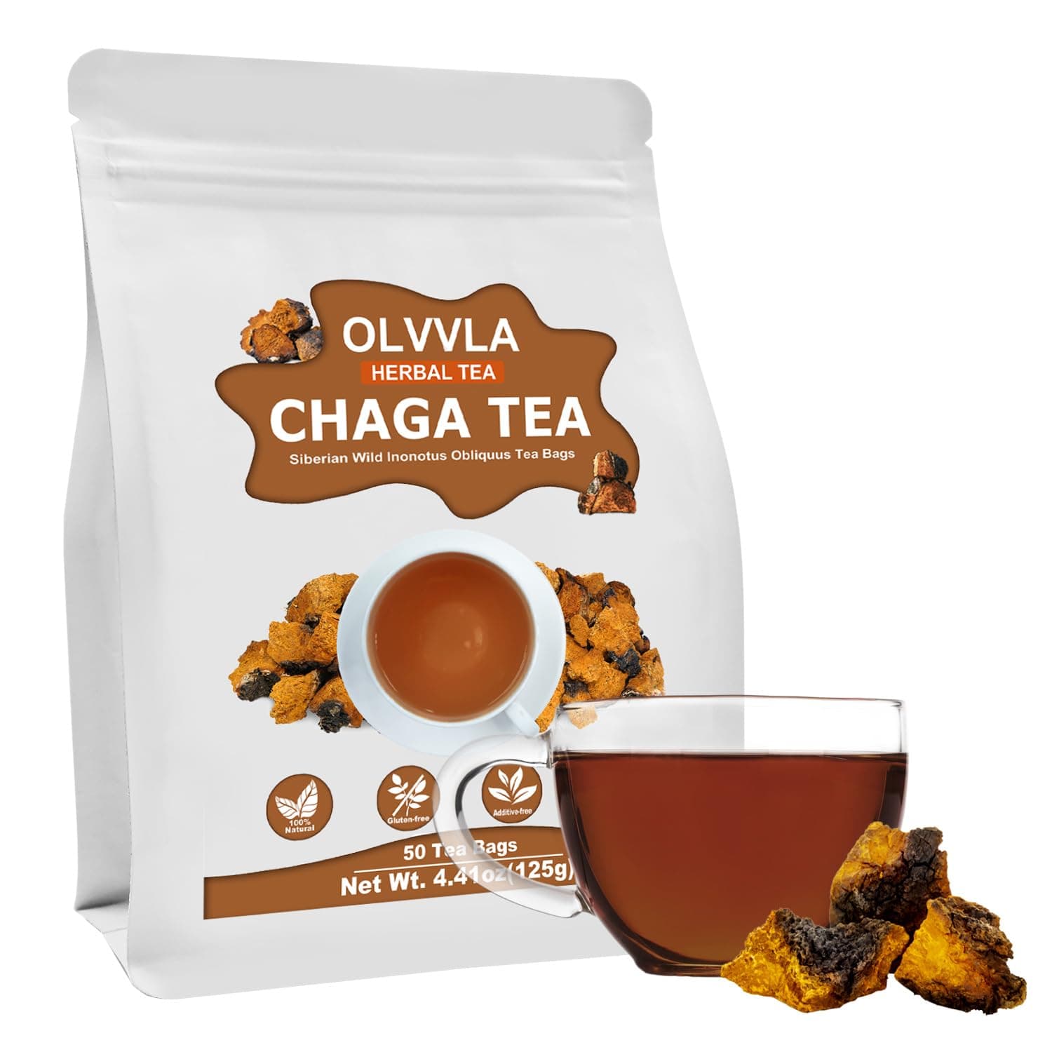 Chaga Tea Bags - 2.5g X 50 Count - Wild Chaga Mushroom Herbal Tea - Sourced from Siberia - Caffeine Free - Gluten-Free