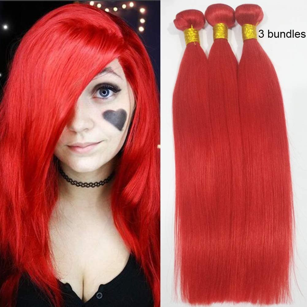 100Gram One Bundle Real Human Hair Weave Dip Dye Color Weft Light Red Hair Extensions without Clips on Poinsettia Inspired Long Remy Hair (18 inch-Red)