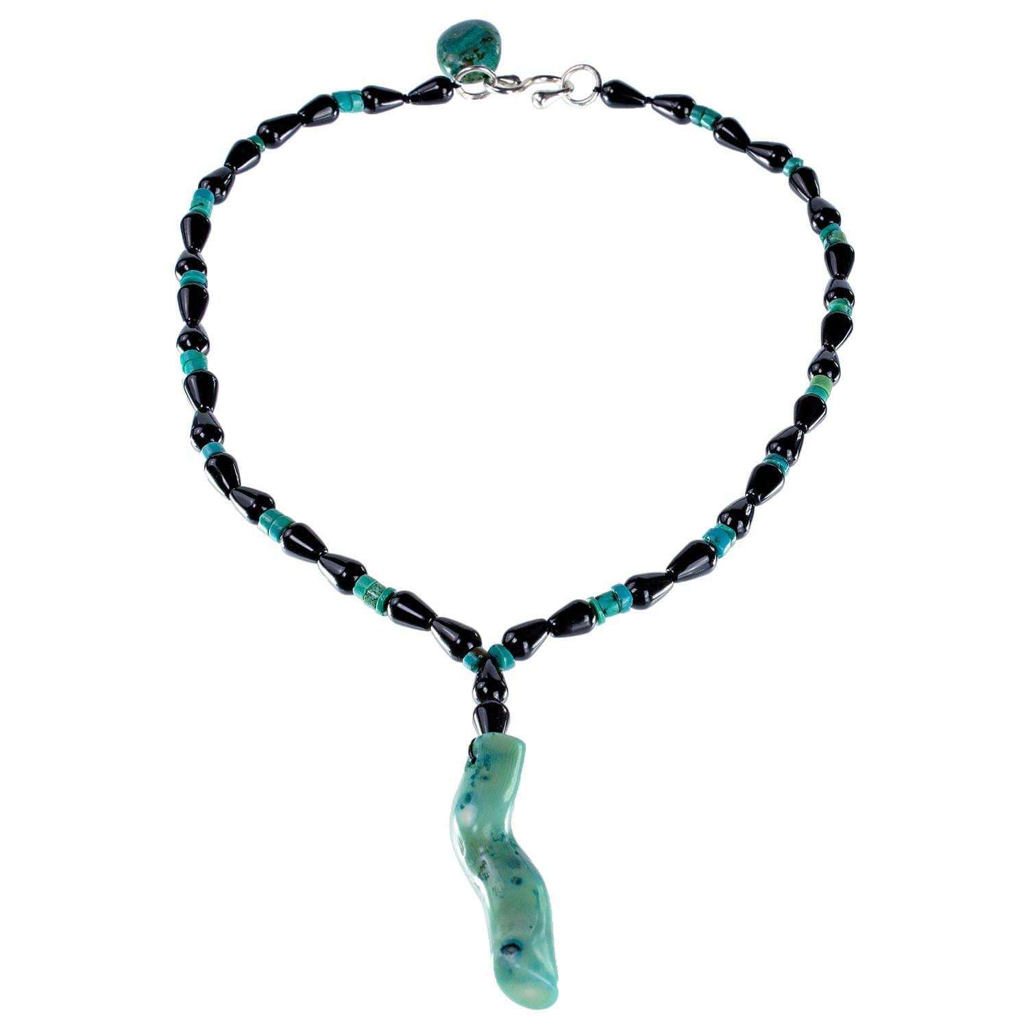 IlseS Necklace/Pendant with genuine natural gemstones Onyx, Turquoise, Coral and Silver clasp. Handmade in Switzerland.