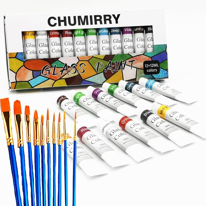 Jinzi Non-Toxic Stained Glass Paint, Top Permanent Glass Paint, Lacquer Stained Glass Art Paint, Glass Paint with 10 Pieces Nylon Hair Brush