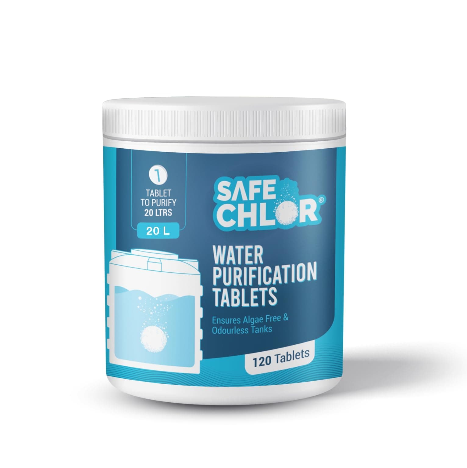 - 20 L | Chlorine Tablets for Watercan of 20 Ltrs, | Kills Germs, Prevents Algae | Water Purification | 1 tablet to treat 20 liters | Pack of 120 Tablets for 2400 Ltrs