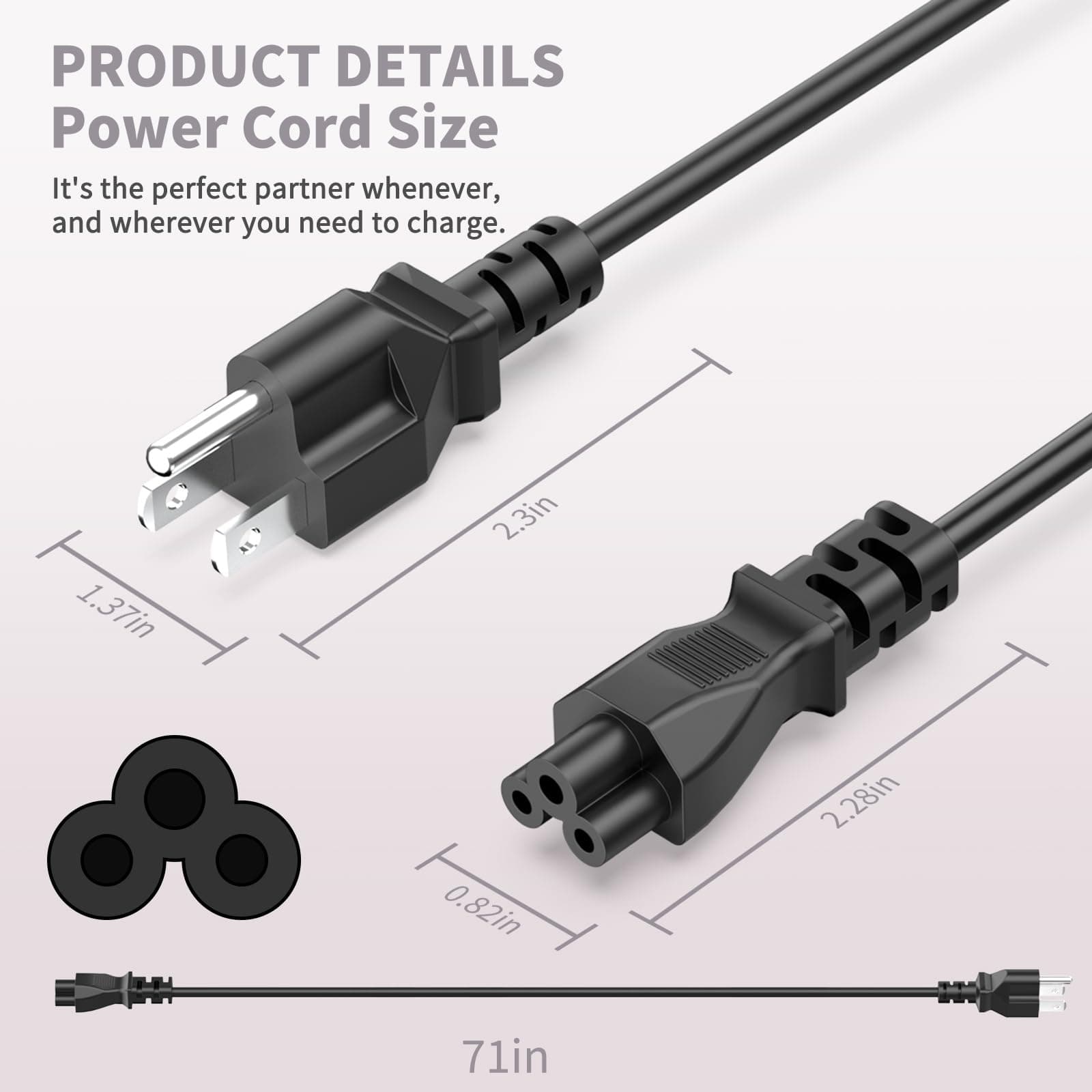 6ft 3 Prong Laptop Power Cord Mickey Mouse Cable - NEMA 5-15P to IEC C5 Power Cable Replacement for HP Dell Lenovo Asus Acer Samsung Laptop Charger Adapter, TV Monitor, LG Epson Printer