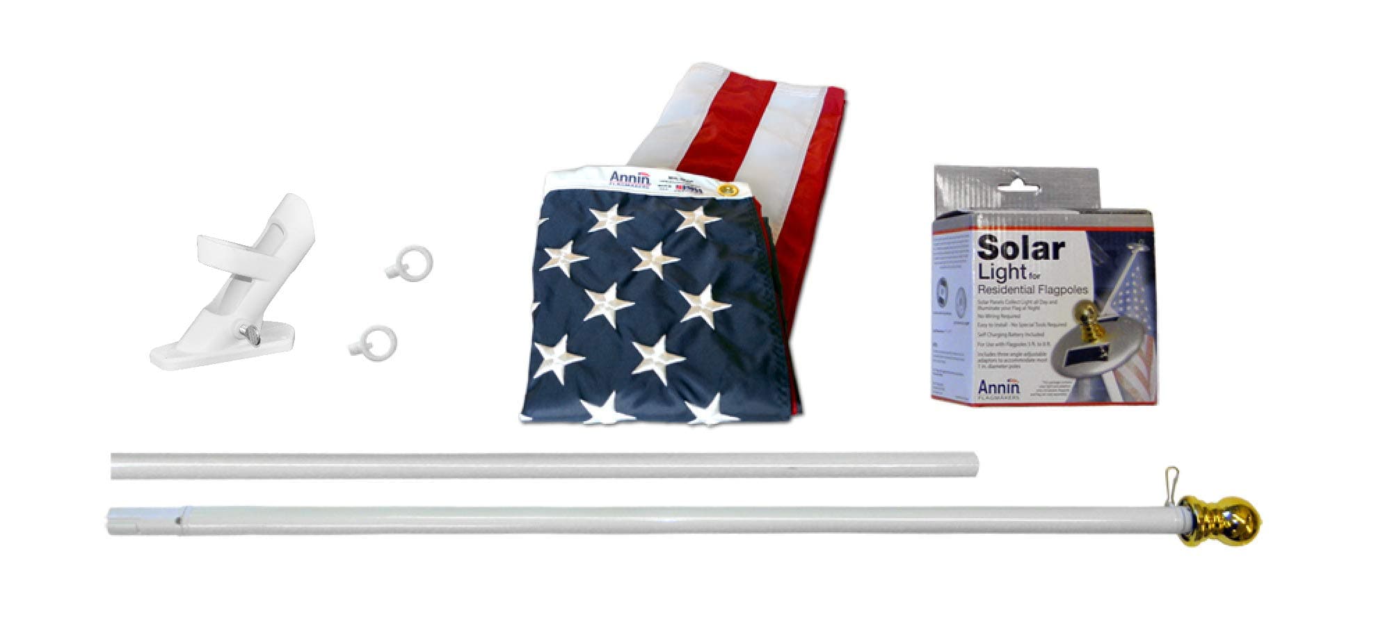 Annin FlagmakersAmerican Flag SolarGuard Nylon Flag, Solar Light and Flagpole Kit, Mansion Kit, 6 Feet (Model 42914) 100% MADE in USA