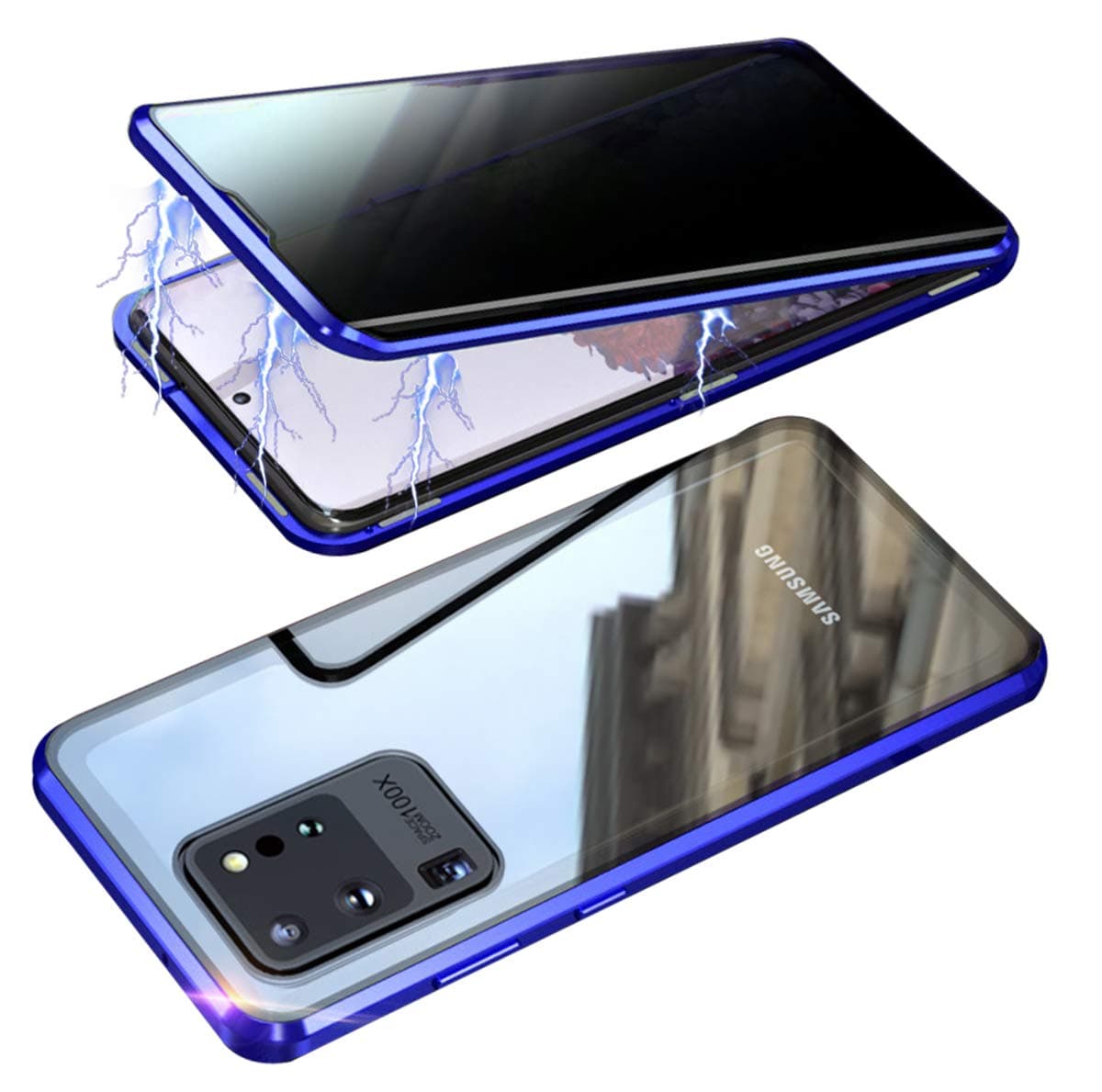 RANYOK Compatible Galaxy S20 Ultra (6.9 inch) Privacy Magnetic Case, Double-Sided Tempered Glass with Built-in Screen Protector 360° Full Body Metal Frame Cover (Blue)