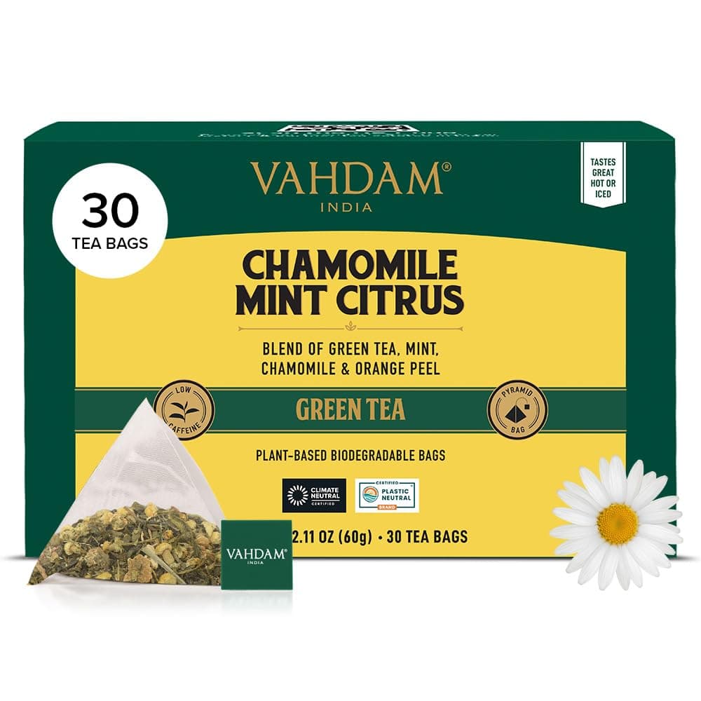 VAHDAM, Chamomile Mint Citrus Green Tea Bags (30 Count) Low Caffeine, Non GMO, Gluten Free | Sweet & Floral | Resealable Ziplock Pouch | Individually Wrapped Chamomile Tea Bags