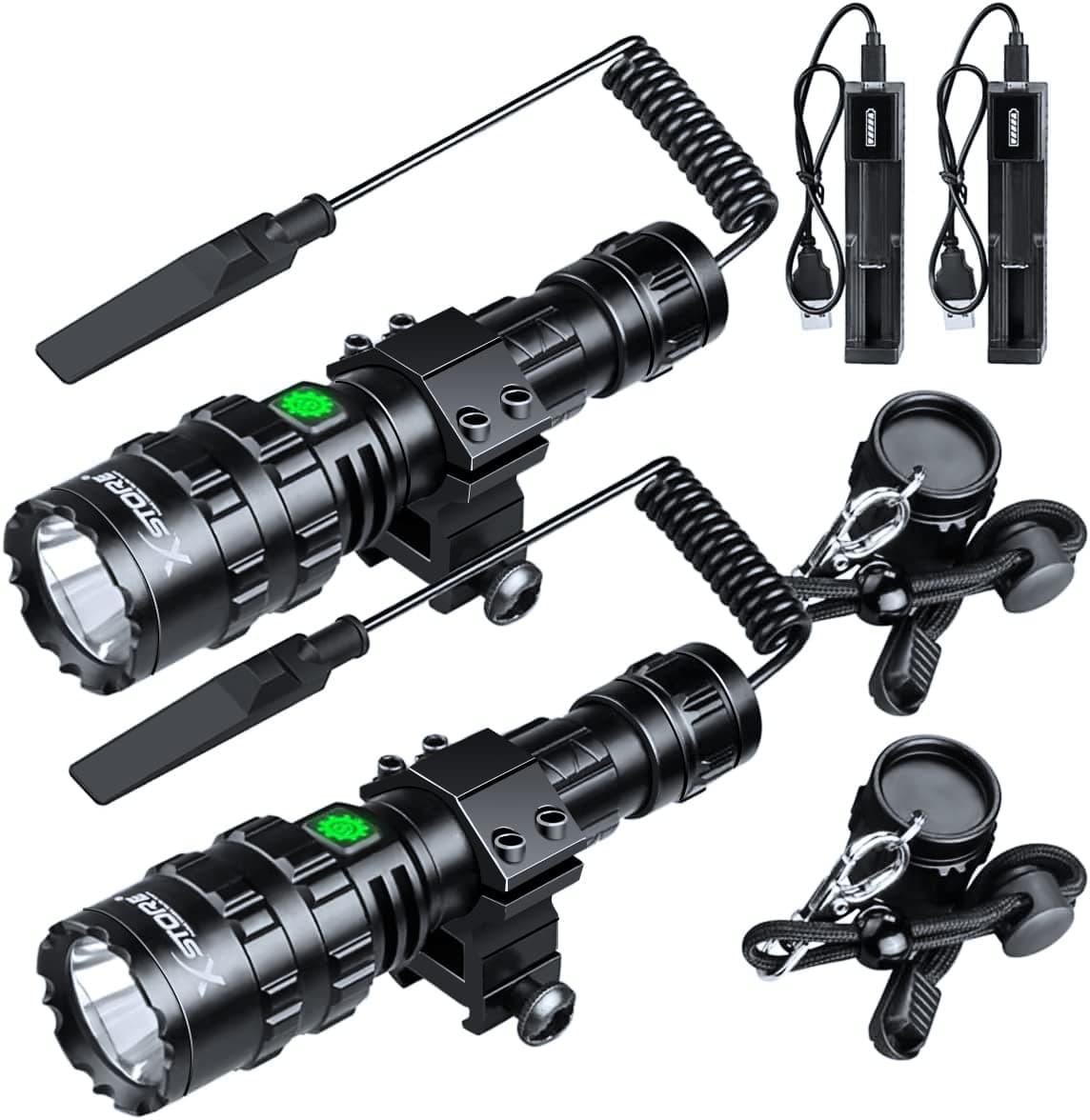 2 Pack LED Tactical Flashlight with Pressure Switch, Picatinny Rail Mount Flashlight USB Rechargeable IP65 Waterproof Rifle Light 5 Modes for Hunting, Camping & Emergency
