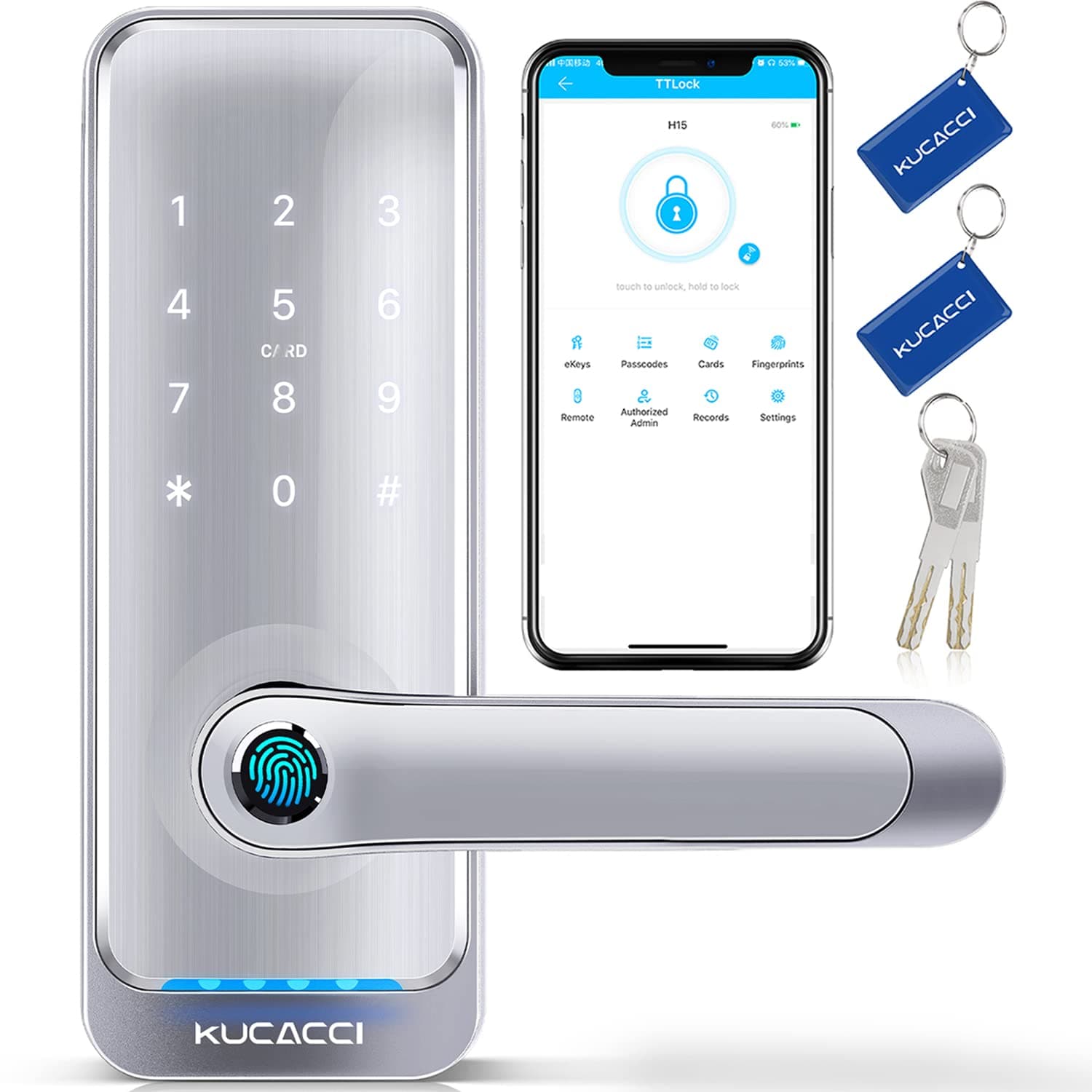 KUCACCIKeypad Smart Door Lock With Handle: Keyless Entry for Front Door - Electronic Lock With WiFi and APP - Retrofit Knob Deadbolt (Silver)