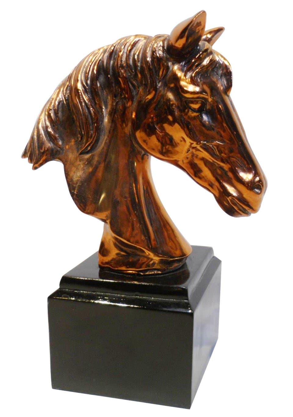 HomeView Design Horse Head Sculpture in Copper Electroplate on Black Square Base