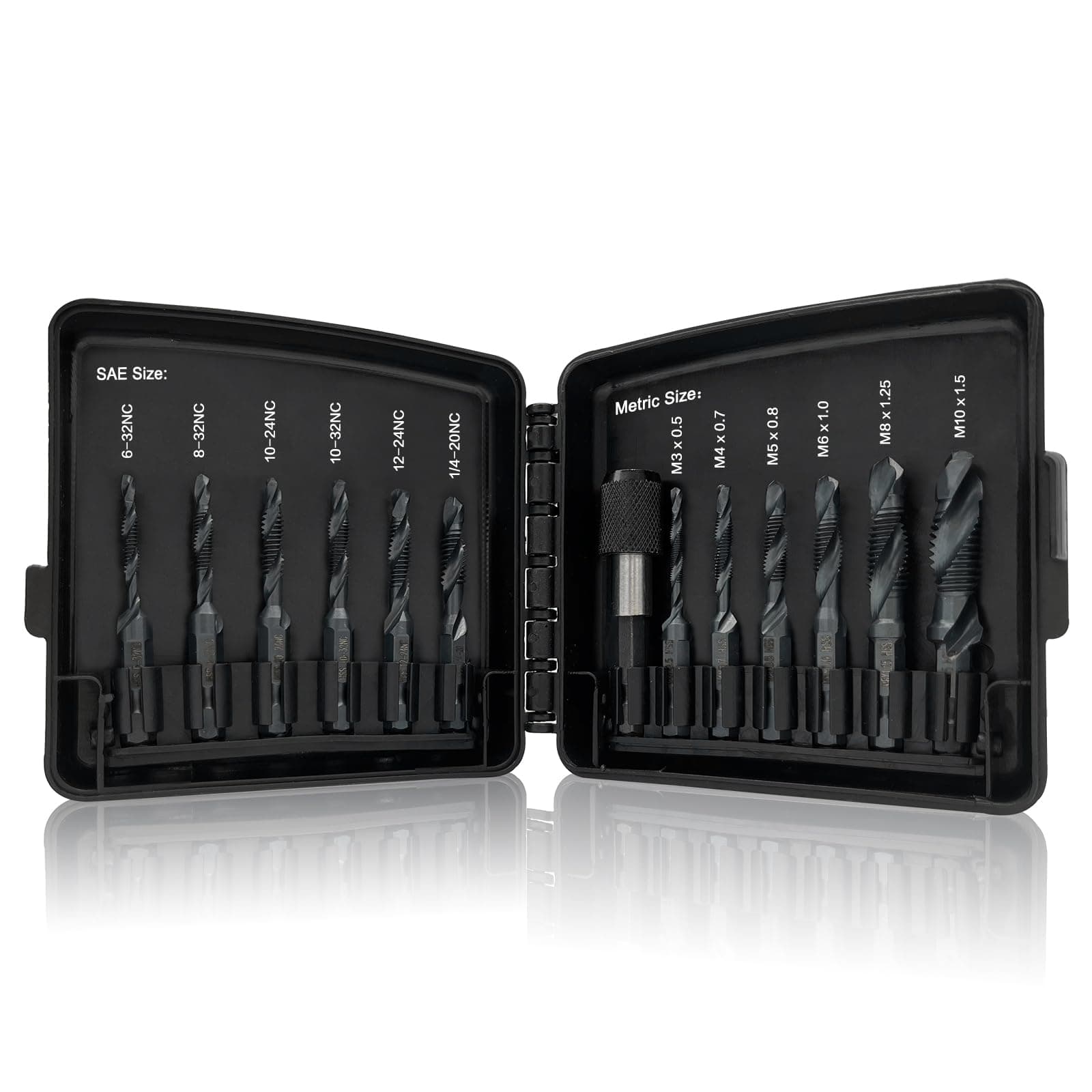 Drill & Tap Bits Set of 13 pcs - 6 SAE Sizes: 6-32NC to 1/4-20NC, 6 Metric Sizes: M3 to M10 and a Quick-Change Adapter – Combine Drilling Tapping Threading Countersinking Functions in One Bit, Black