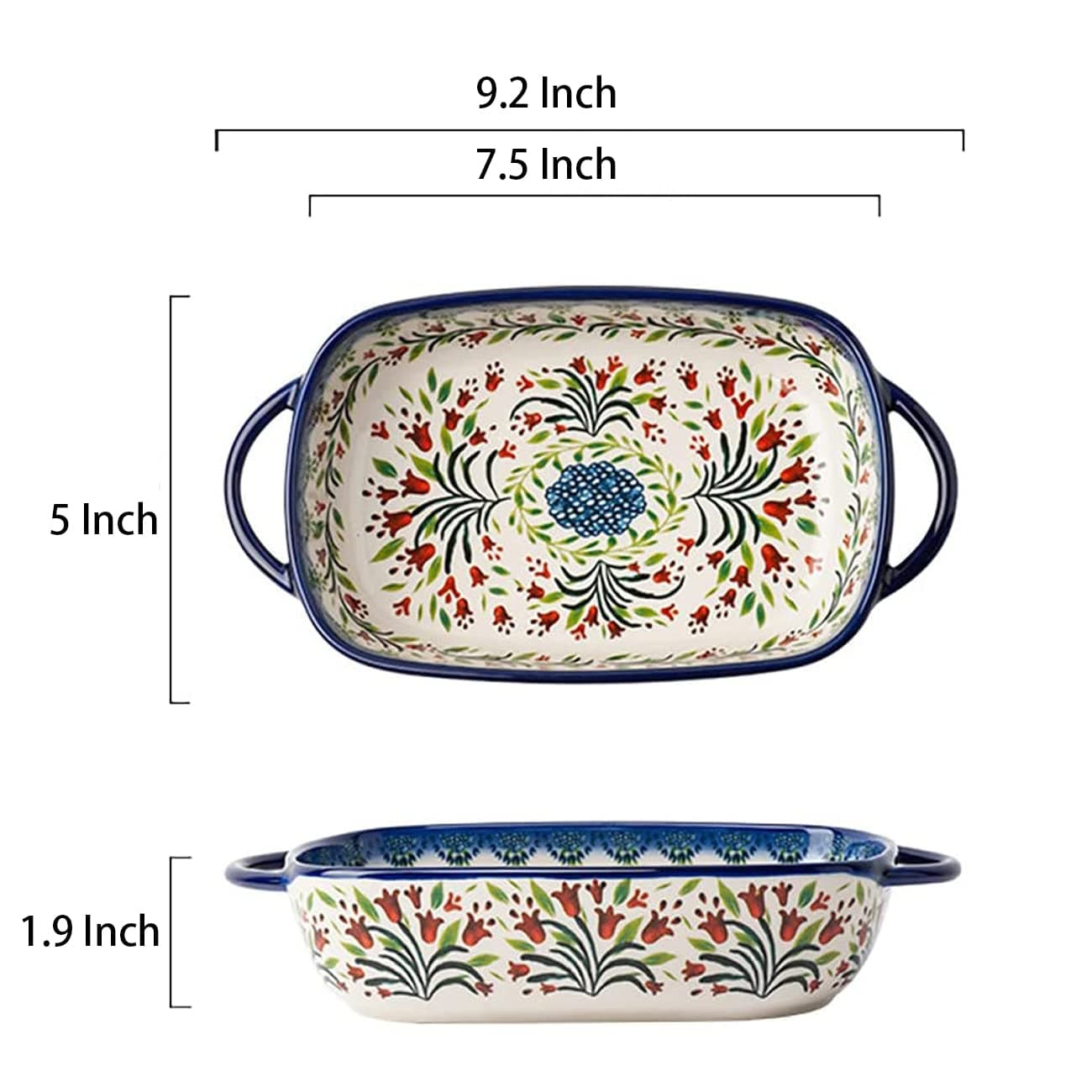 Bicuzat Vintage Style Tulip Flower Pattern Ceramic Bakeware Casserole Dish Baking Pan Lasagna Pans Baking Dish with Handles for Oven/Cooking/Kitchen-1 PCS-22 OZ