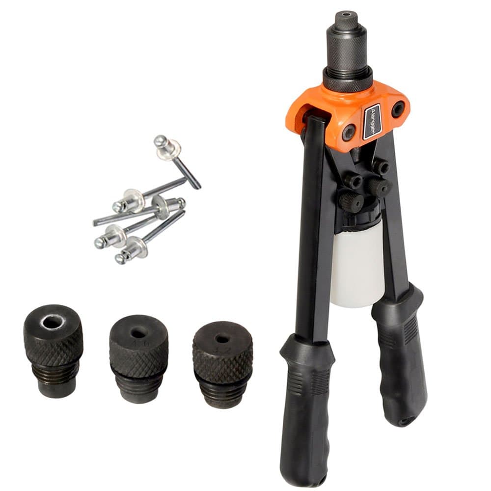 13’’ Professional Heavy Duty Rivet Gun-Hand Riveter with Leverage Design and Adjustable Sleeve-3 Nosepieces 1/8’’,5/32"and 3/16",Collection Bottle Included