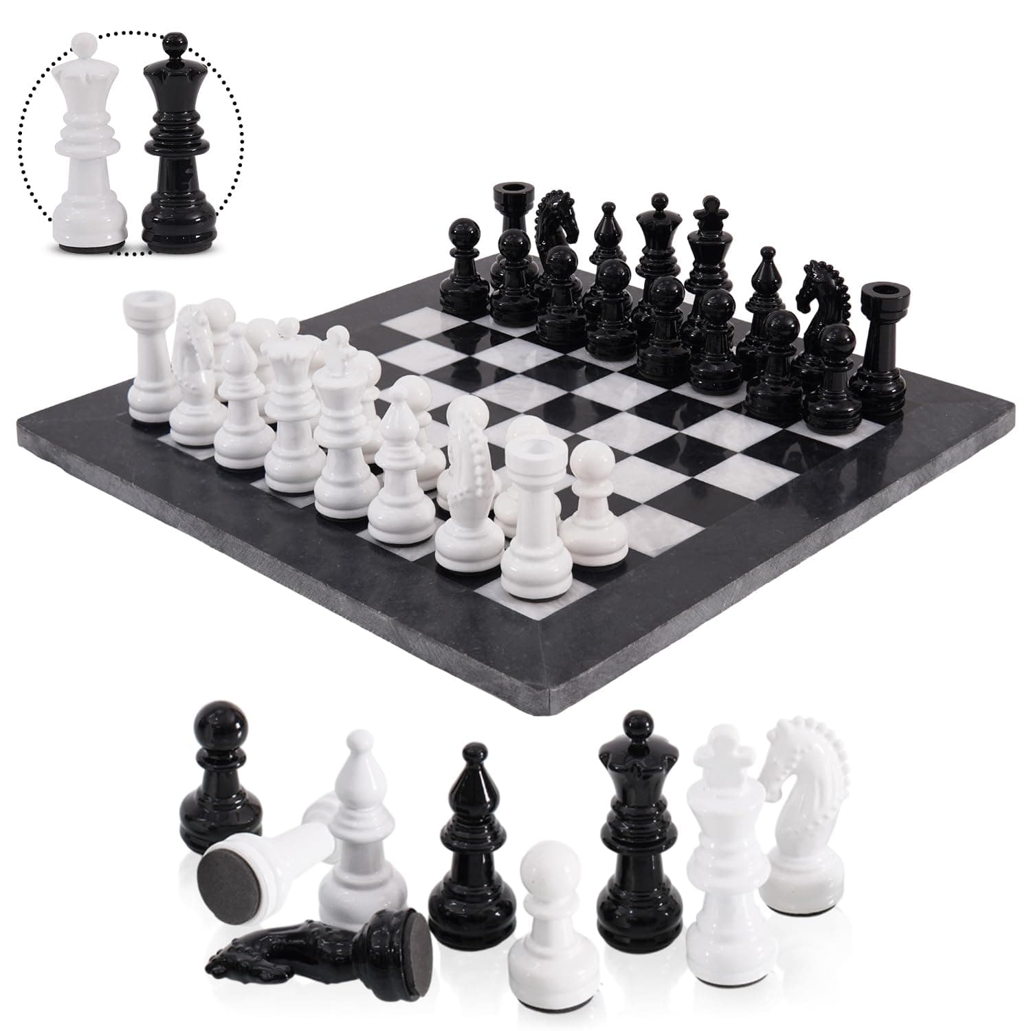 Marblous Krafts Marble Chess Set 15 Inches Black and White Stone Chess Board, 1 Marble Chess Board, 32 Chess Metallic Pieces and 2 Extra Queens, Chess Sets for Adults, Chess Game Set