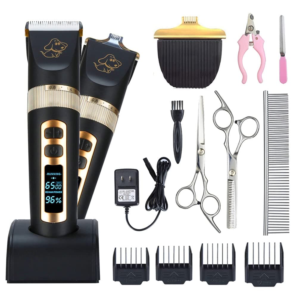 OtstarProfessional Dog Grooming kit, 3 Speed Rechargeable Cordless Dog Clippers Low Noise Low Vibration, LED Screen Indicate Power/Lubricating/Cleaning