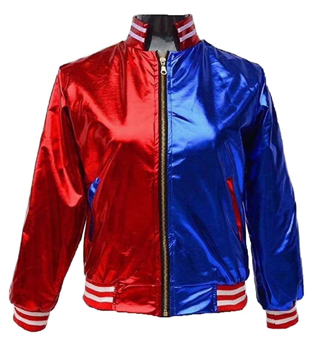Ladies Suicide Squad Harley Quinn Bomber Jacket Costume Metallic Shiny Fancy Dress Pants Leggings Top 8-24