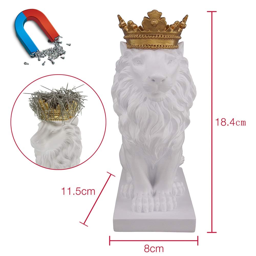 Artgenius 7.3IN Royal King Crown Lion Statue Magnetic Paper Clip Dispener,Paper Clip Holder,Office Desk Accessory with Magnet (White)