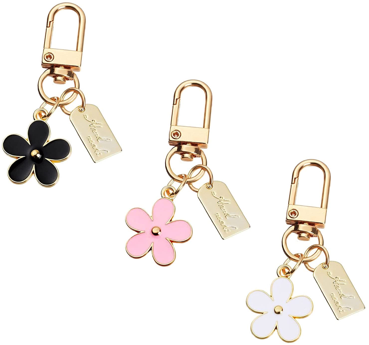 HOSBY3 Pcs Keychains for Women, Bag Charm Flower Key Chain Car Key Ring Pendant for Purse, Handbag Bag, Earphone Case Decoration, Pink, Black, White, One size