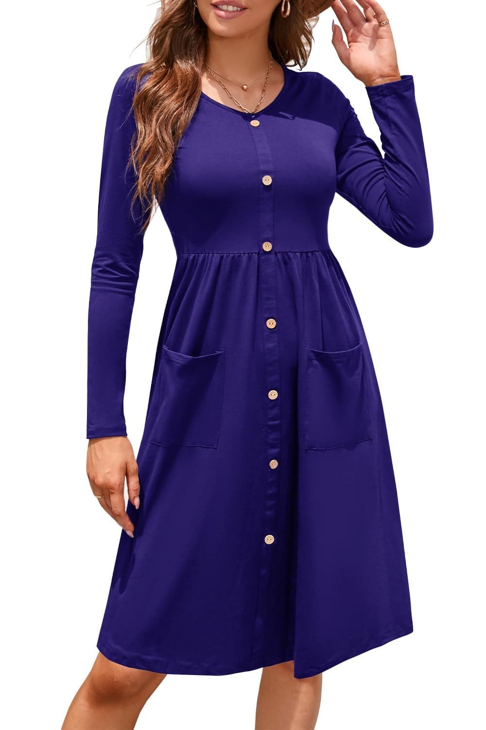 OUGES Women's V Neck Button Down Skater Midi Dress with Pockets