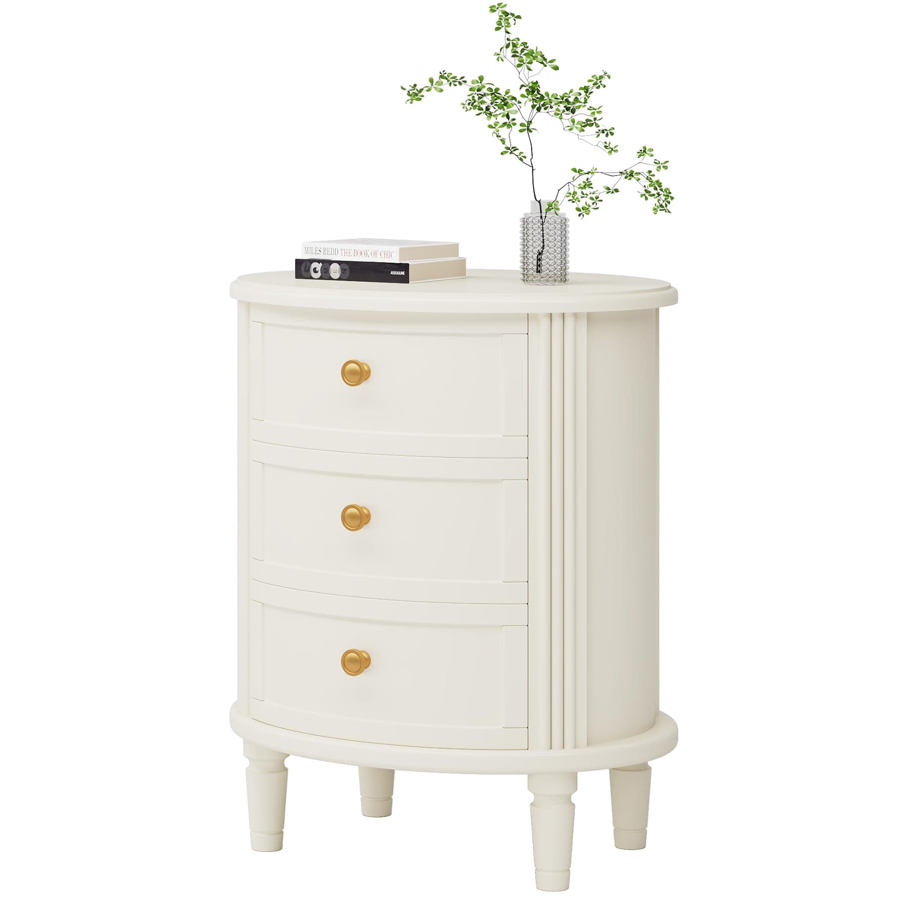 No Assembly Nightstand with 3 Drawers, Farmhouse Off-White Bedside Table for Bedroom, All Wooden Oval Nightstand with Storage