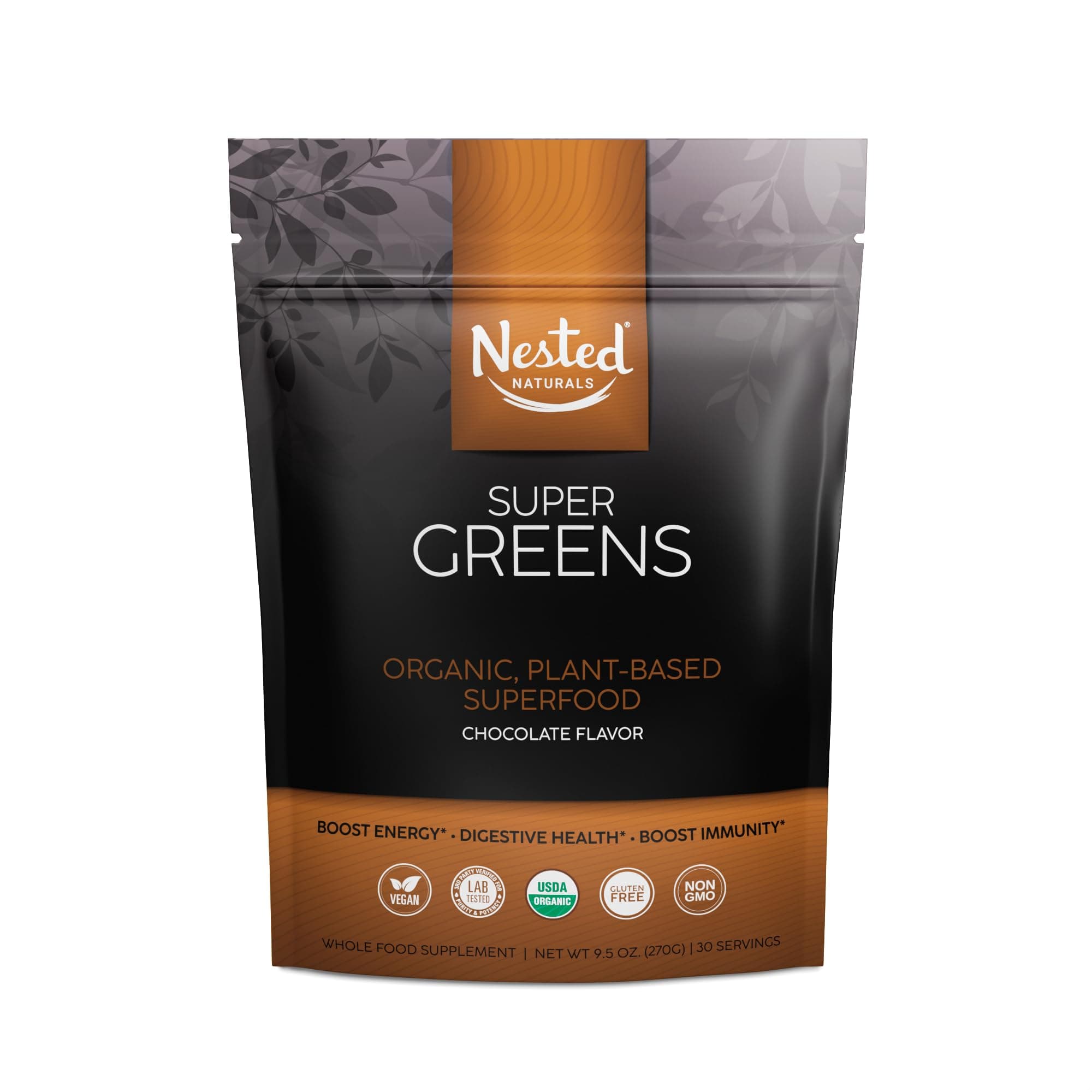 SUPER GREENS | Green Veggie Superfood Powder | Chocolate Flavour | 30 Servings | 20+ Whole Foods (Wheat Grass, Spirulina, Chlorella, Barley), Probiotics, Fiber, Enzymes | 100% USDA Organic Vegan