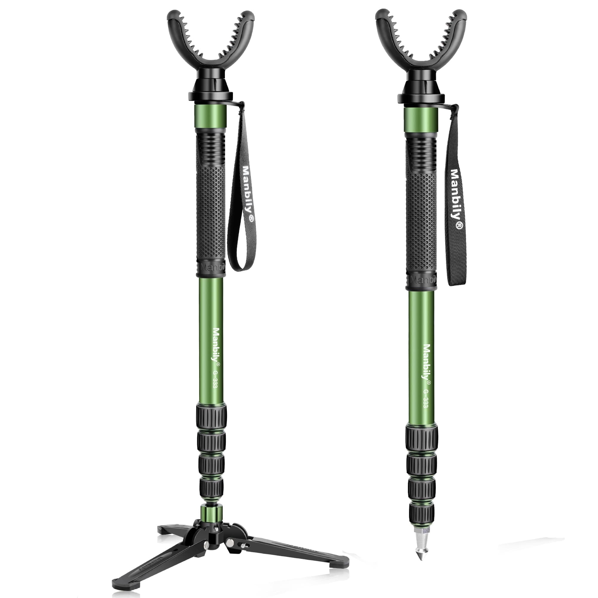 Manbily Shooting Stick Monopod with Tri-Stand Tripod Base, with Rotating and Removeable U-Shaped Yoke for Hunting, Shooting, and Outdoors-Green (G-333)