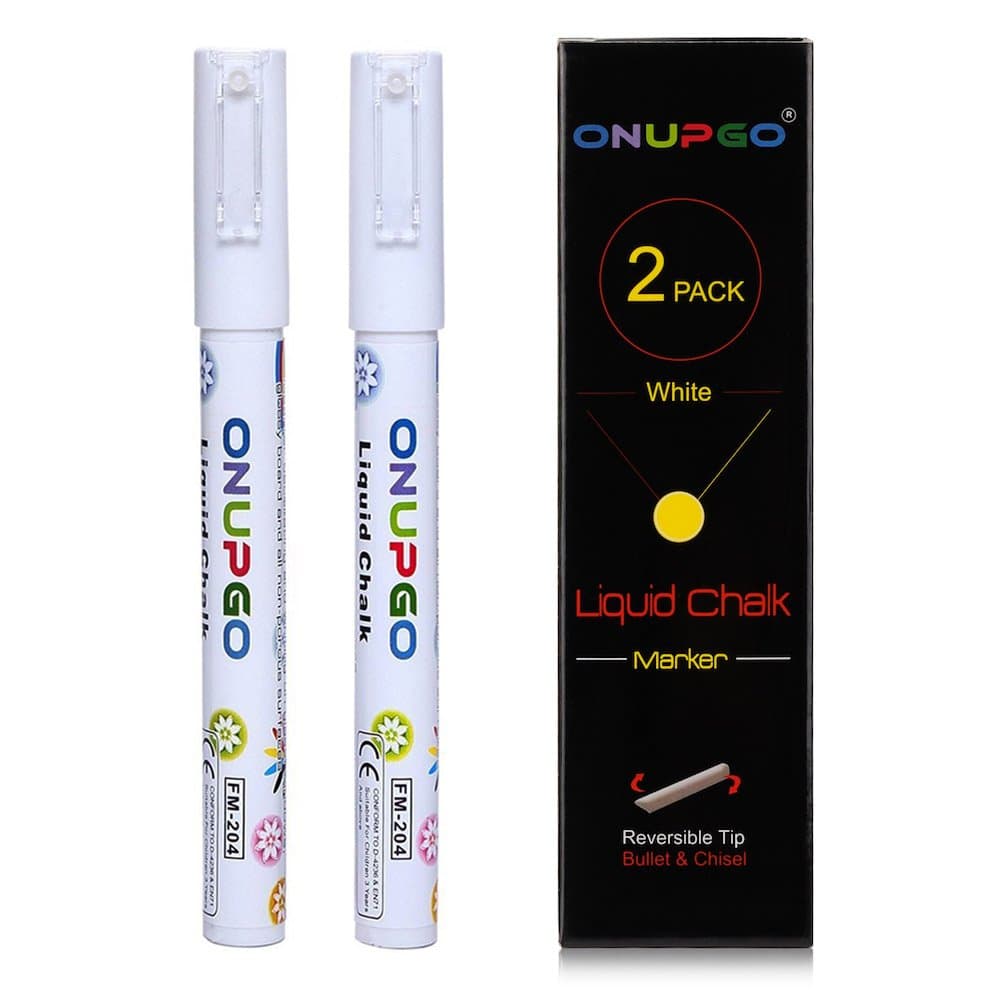 ONUPGO White Liquid Chalk Markers Pens 2 Pack, Chalk Markers for Chalkboard Signs, Windows, Blackboard, Glass - Kid Safe, Non-Toxic, Water-Based, Dustless & Erasable |3mm Reversible Bold & Chisel Nib