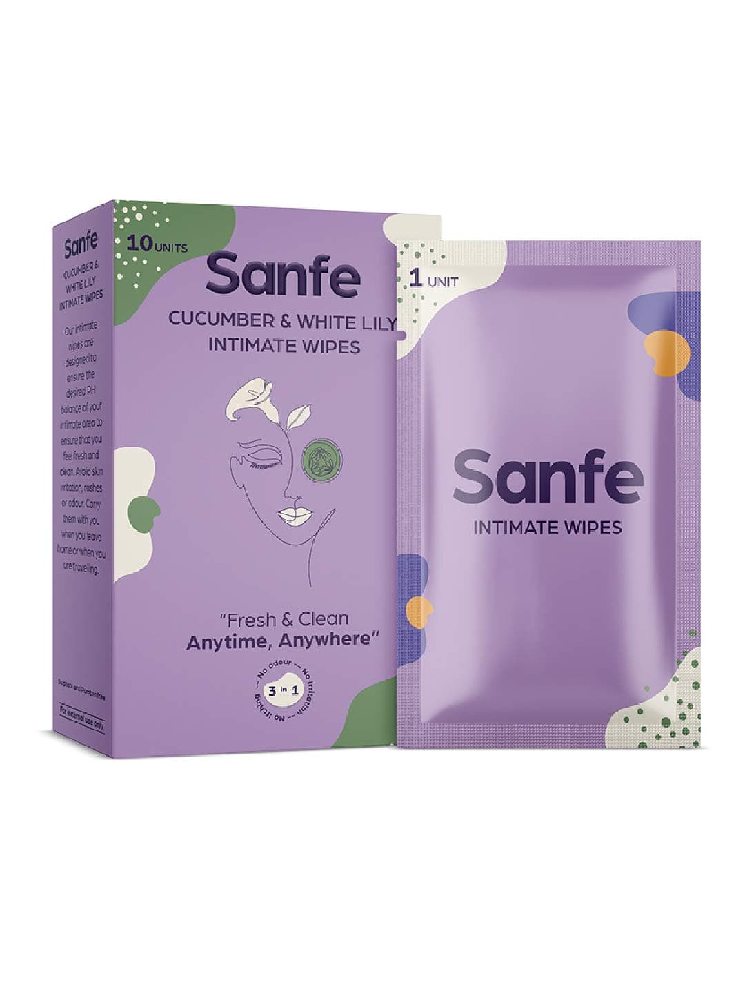 Sanfe Natural Intimate Wipes, 3 in 1 - No Odour, No Itching, No Irritation - Cucumber & White Lily (10 Piece)