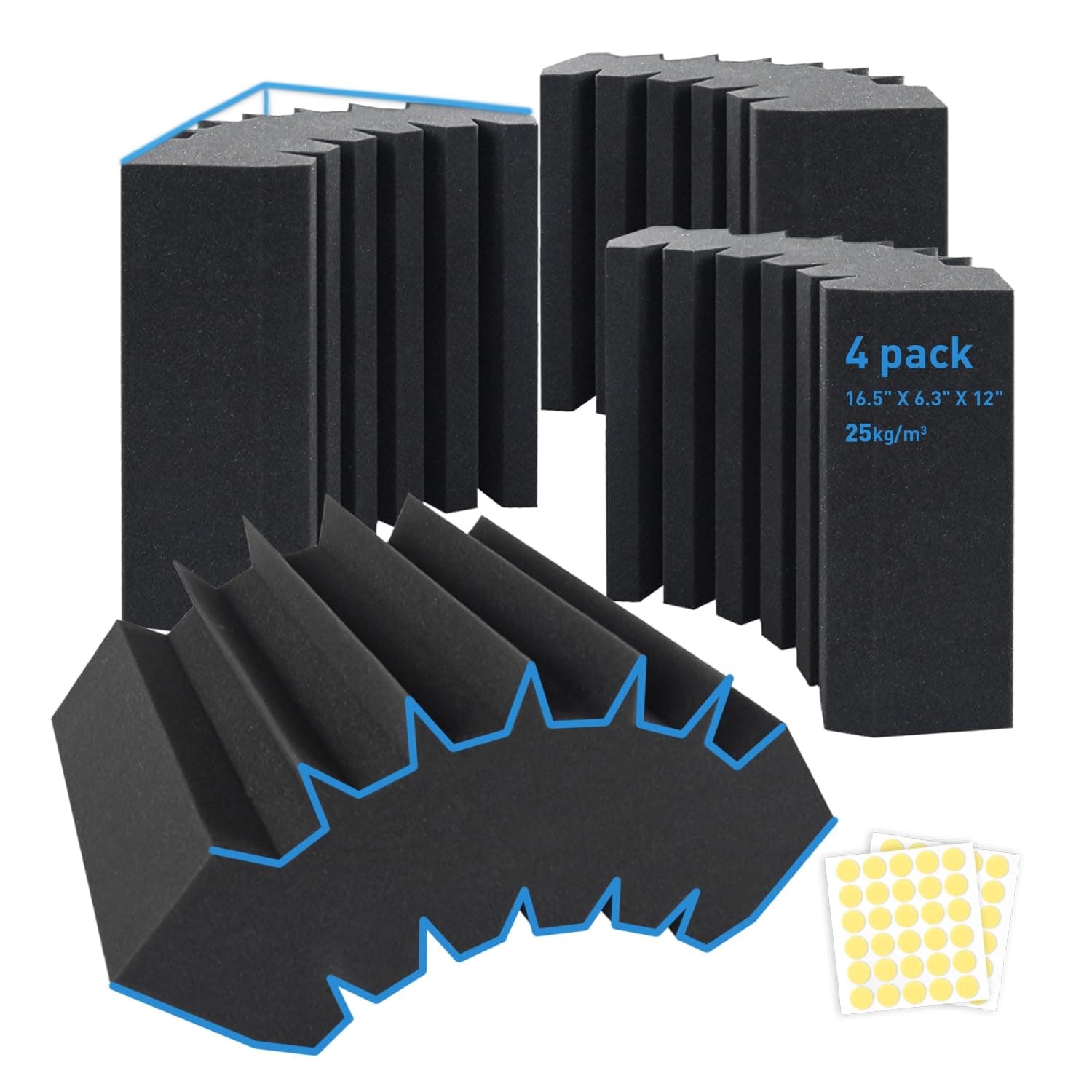 4 Pack Curved Bass Traps Corner Acoustic Foam, Large Size 16.5" X 6.3" X 12" Sound Absorbing Corner Bass Traps for Studio and Home Theater Low Frequency
