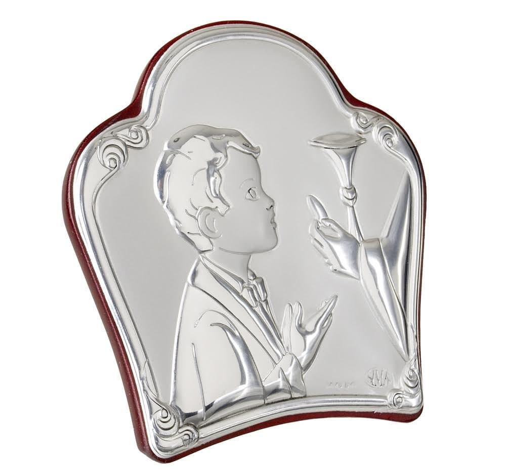 Italian Sterling Silver Argento Silver Boy at First Communion Holy Icon,On Cherry-wood Back