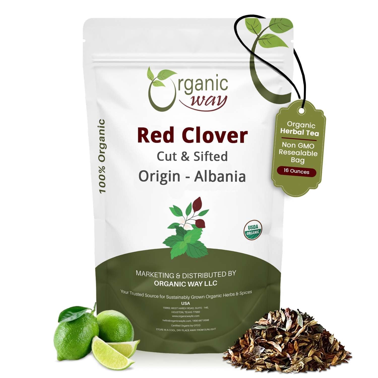 Organic Way Red Clover Flower Cut & Sifted (Trifolium Pratense) Herbal Tea | European Wild-Harvest | Organic & Kosher Certified | USDA Certified | Origin - Albania (1LBS - 16Oz)