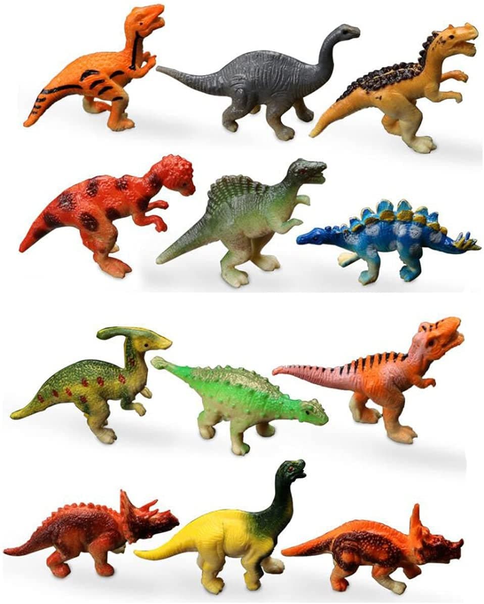Plastic Assorted Mini Dinosaur Figures, Little Dinosaur Figurine, Small Dino Toy 1.5 inch - 3 inch, Great for Dino Cake Topper, Easter Eggs Filler, Pack of 12