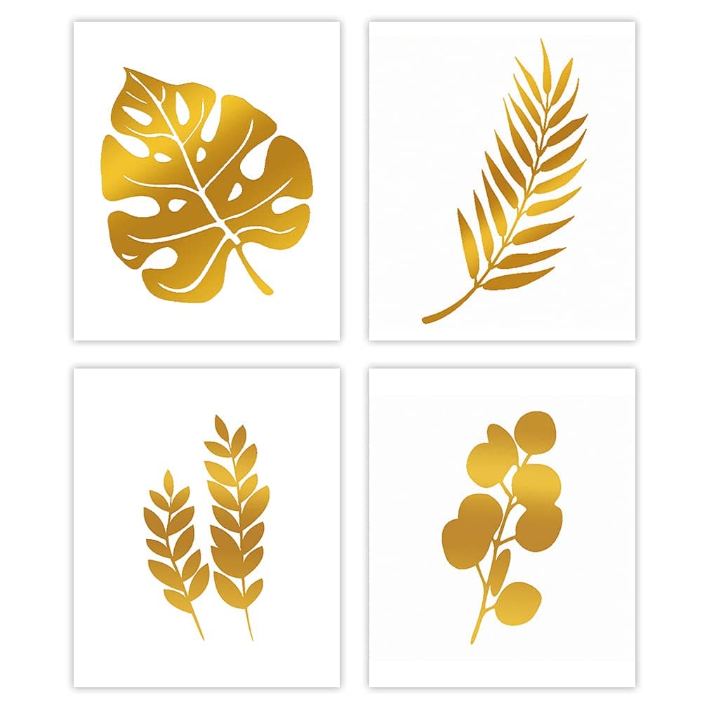 LHIUEM Abstract Tropical Leaves Gold Foil Print,Gold Botanical Palm Leaf Painting,Set of 4(8×10 inch) Unframed Cardstock Natural Wall Art,Minimalist Plant Poster For Living Room Bathroom Home Decor