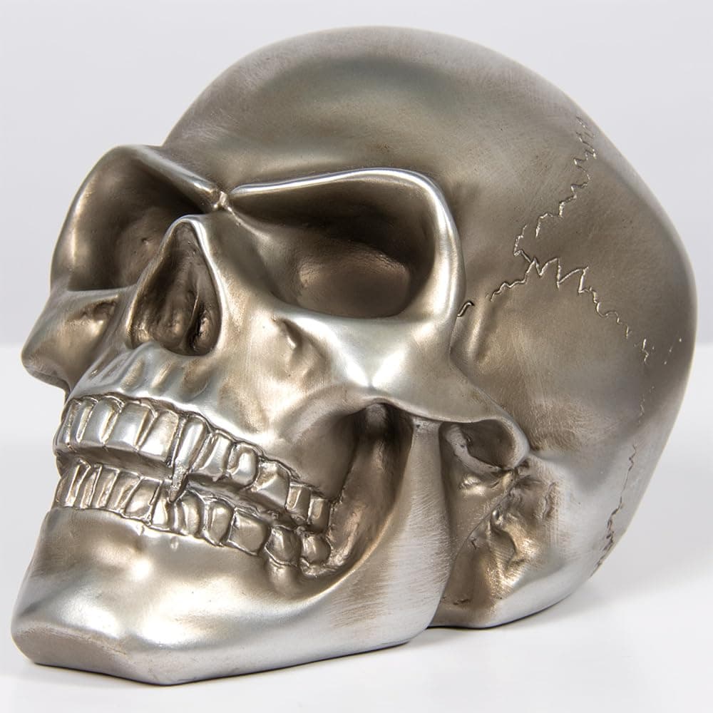 Realstic Human Skull Head Ornament Gothic Home Decor 19.5cm, Choice of Colours/finishes (Silver)