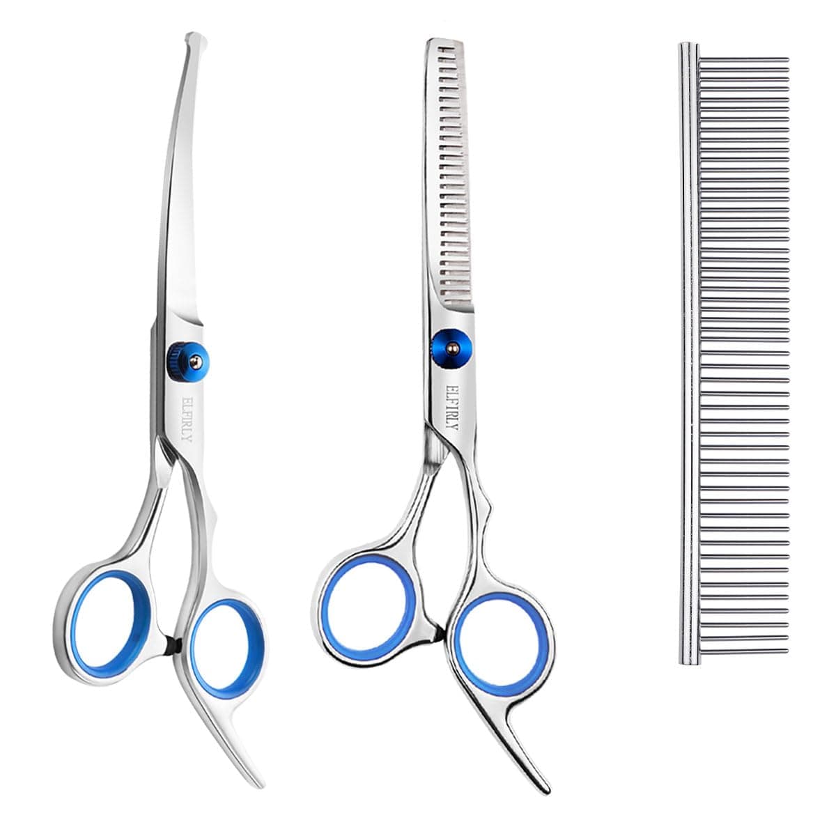 Dog Grooming Scissors Set with Safety Round Tip (2 Pack - Curved Scissors Thinning Shears for Grooming) Pet Grooming Shears with Grooming Comb for Dogs and Cats