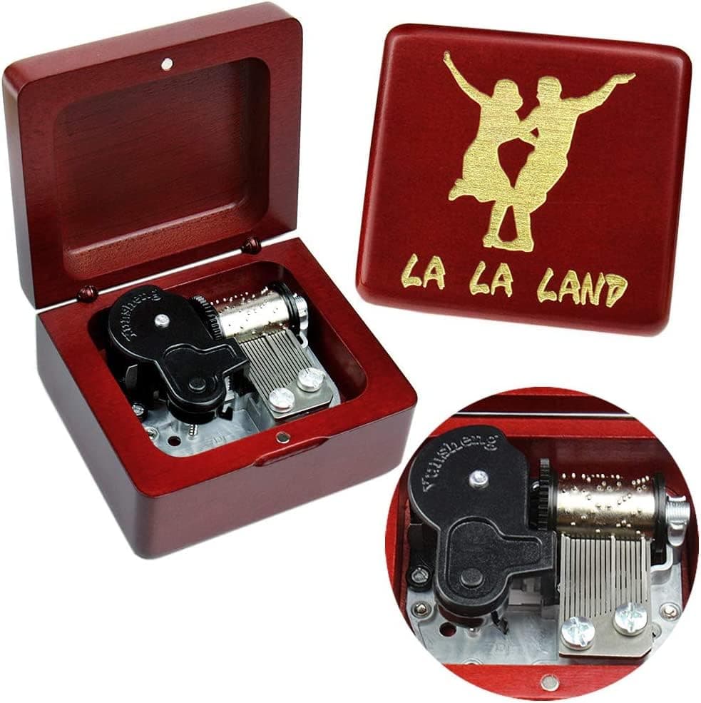 Sinzyo Music Box Vintage Wood Carved Mechanism Musical Boxs Gift For Birthday Valentine's Day Christmas Day(La la Land -Wine Red Box)