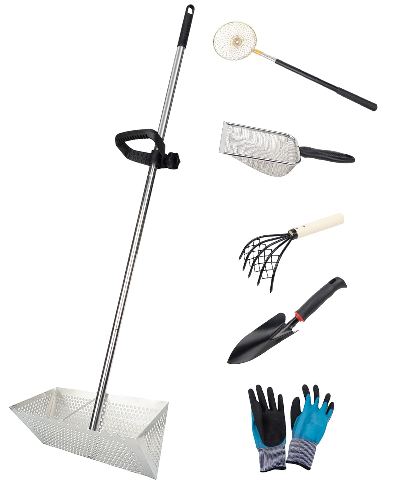 Sand Fleas Rake Set,Detachable 52 Inches Long Handle,Includes 1pcs Sand Flea Rake,1pcs Beach Mesh Shovel,1pcs Sand Sifter,1pcs Black Beach Shovel,1pcs Claw Rake with Mesh Net,One Pair of Gloves