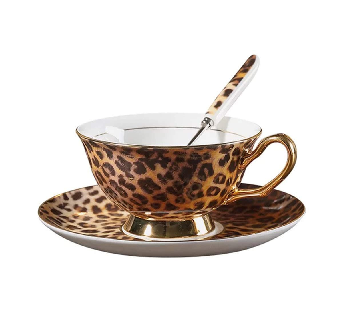 YBK Tech Euro Style Bone China Cup& Saucer Set, Ceramic Tea Coffee Cup for Home Kitchen Wedding (Leopard Pattern)