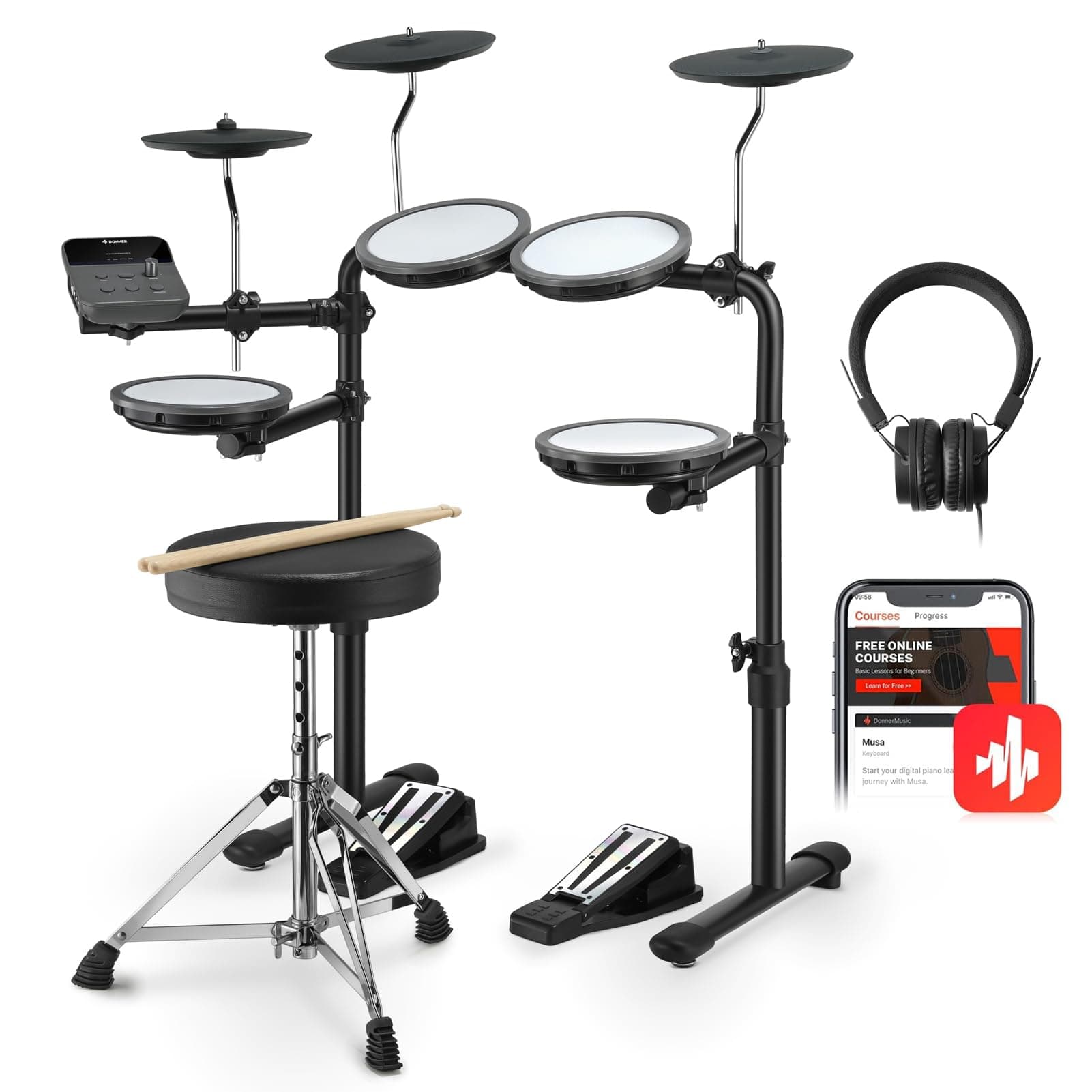 Donner DED-70 Electric Drum Set with 4 Quiet Mesh Drum Pads, 2 Switch Pedal, Portable and Solid Drum Set with Type-C Charging, 68+ Sounds, Throne, Headphones, Sticks, Melodics Lessons