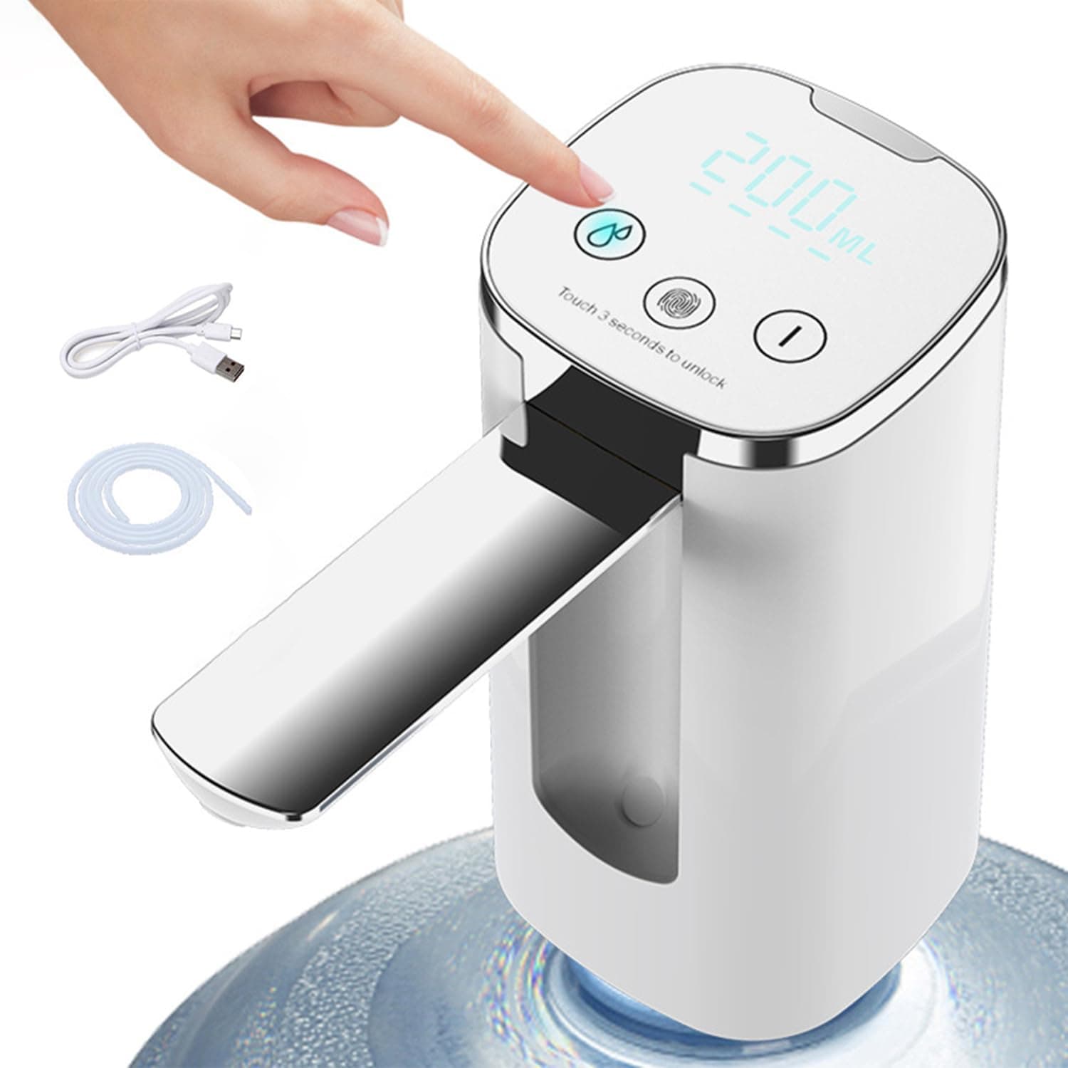 STAYOUNG Automatic Water Dispenser Pump - USB Charging Electric With LED Display, 3 Quantitative Settings, Portable for Office, Home, Camping, Kitchen (White)