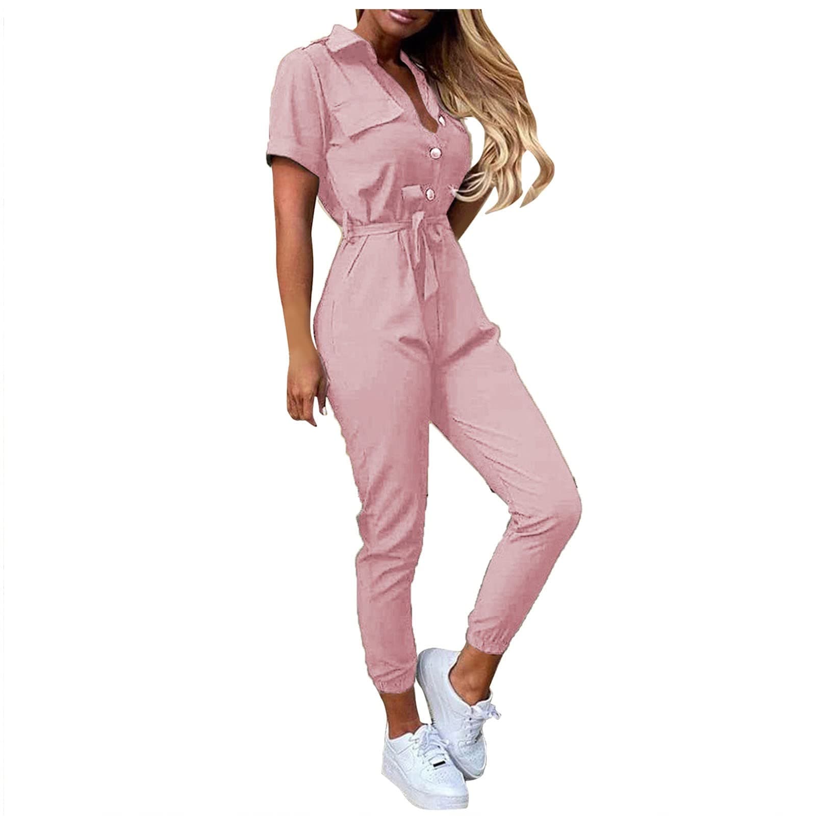 Women's Short Sleeve Collared Cropped Coverall Button Down Tie Waist Cargo Jumpsuit