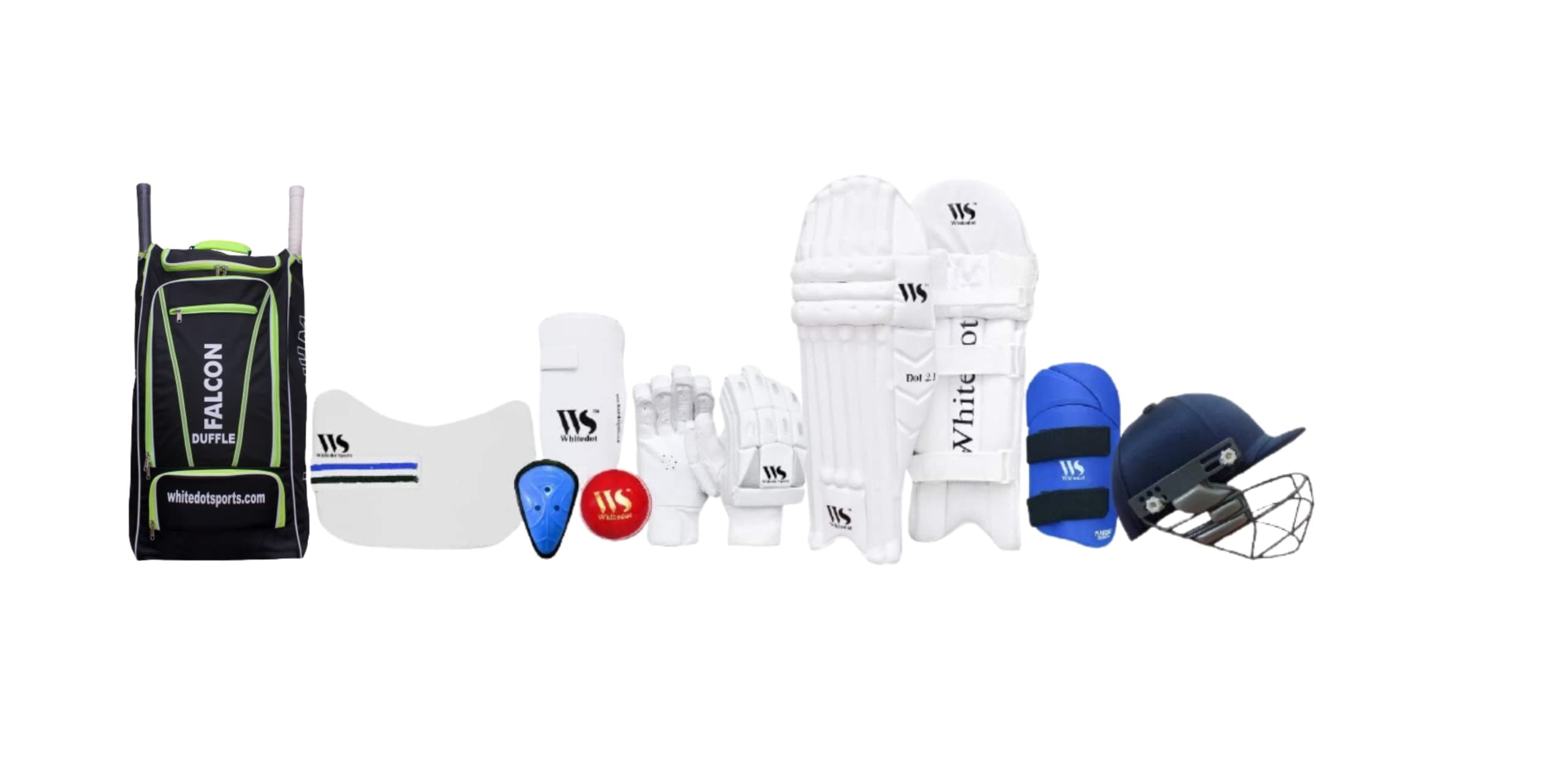 Whitedot Protective Gear Cricket Kit Set with Falcon 1.0 Cricket Kitbag Suitable for Mens/Adult/Large