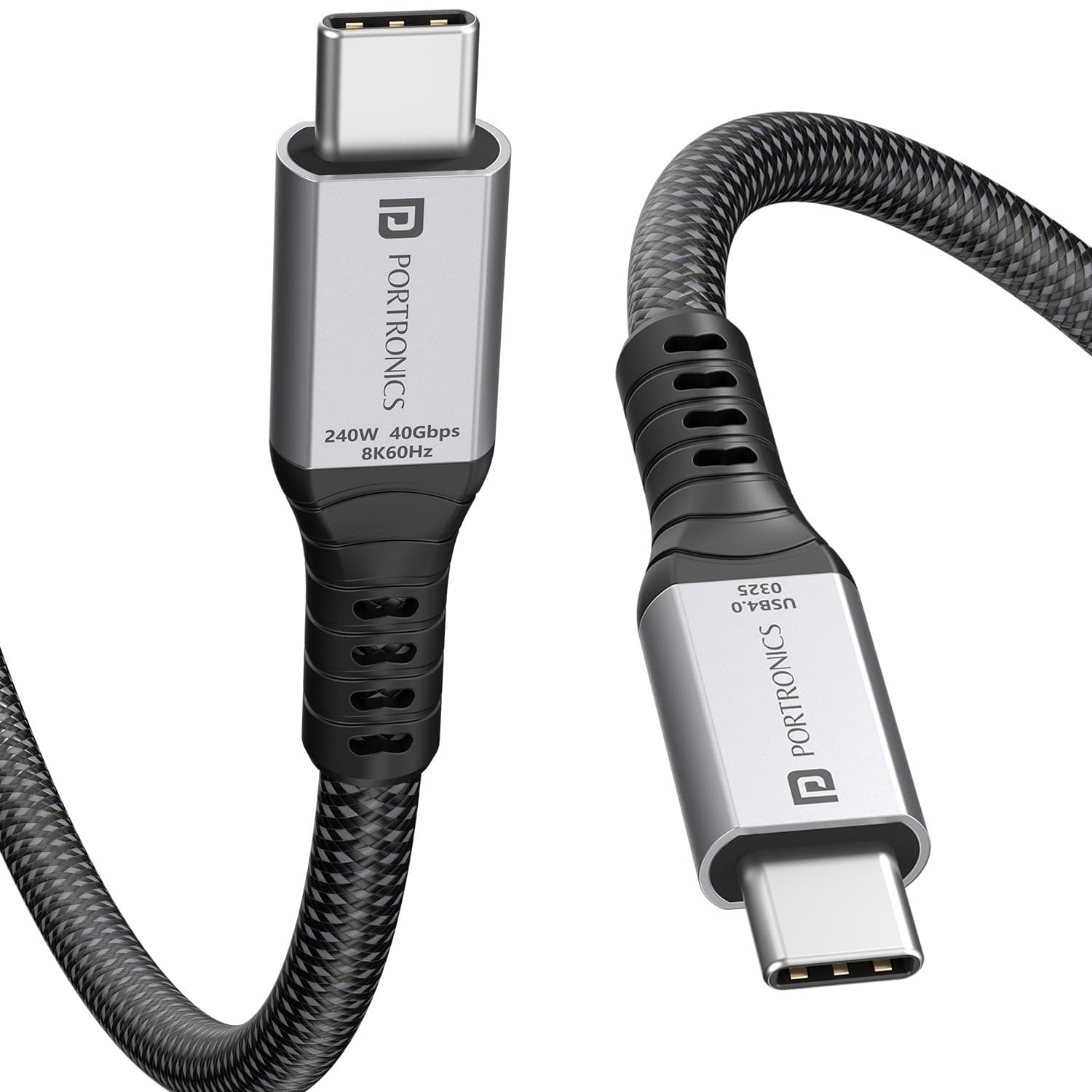 Portronics Flash C2 240W Type C to Type C Cable With 40Gbps Data Transfer Speed, Thunderbolt 4, 8K@60Hz Display Cable, USB 4 Type C 90° Shaped Connector, Gold Coated, Type C Fast Charging