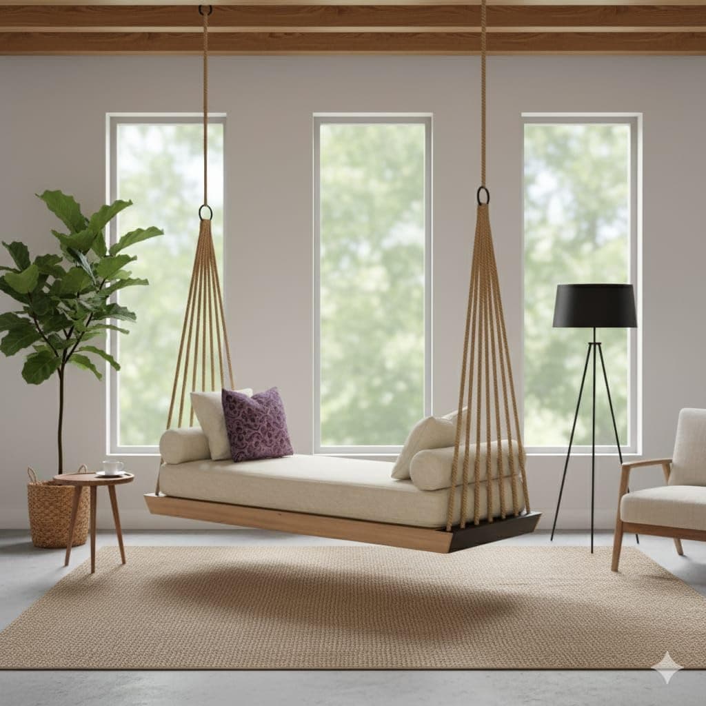 2 Seater Rope Hanging Wooden Hammock Swing Sofa for Living Room & Garden | House Swings for Adults | Patio Jhula for Home Indoor, Outdoor & Balcony (Rustic Brown)